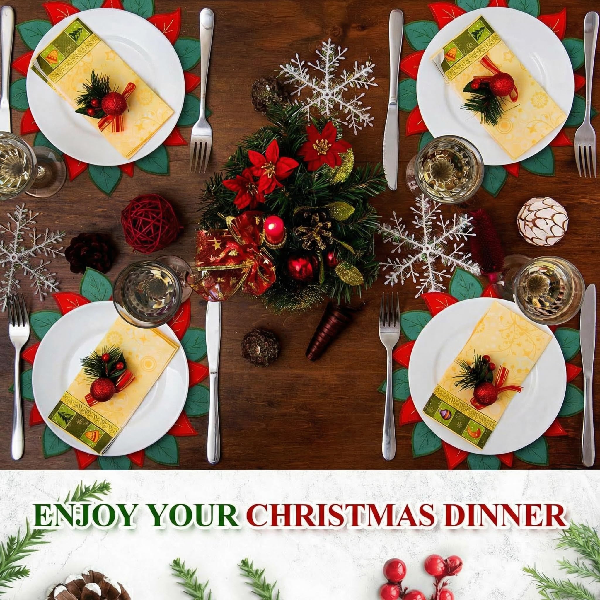8 Stück Urlaub Weihnachten Platzsets Weihnachten Weihnachtsstern Platzsets bestickt Xmas Runde Blume Deckchen Waschbar Weihnachten Tischsets für Urlaub Essen Party Familie Abendessen Dekorationen, 30