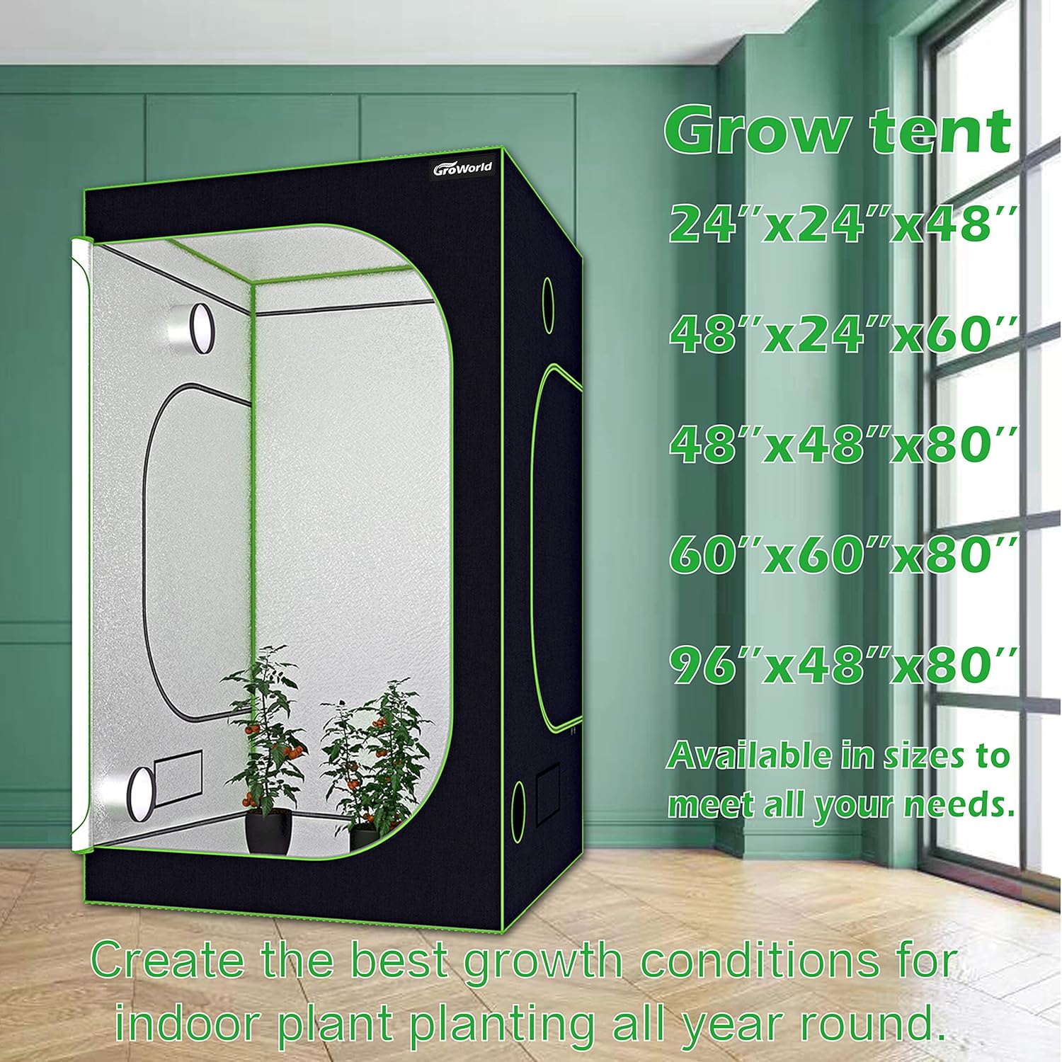 Grow Tent Kit, 24"x24"x48" Greenhouse Tent with 19mm Poles, High Reflective 600D Mylar Hydroponic Tent with Observation Windows for Indoor Plant Growing (Black, 24"x24"x48")