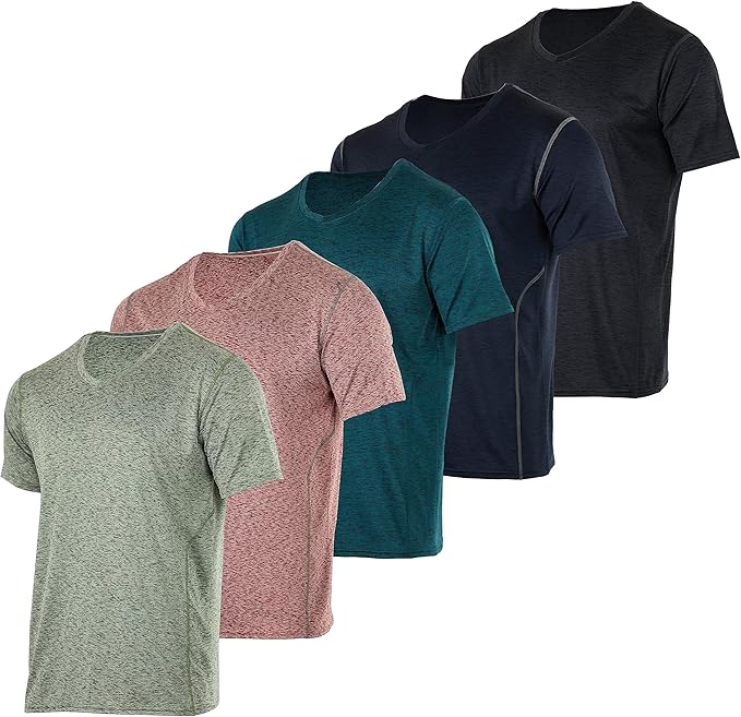Real Essentials 5 Pack: Mens V-Neck Dry-Fit Moisture Wicking Active Athletic Tech Performance T-Shirt