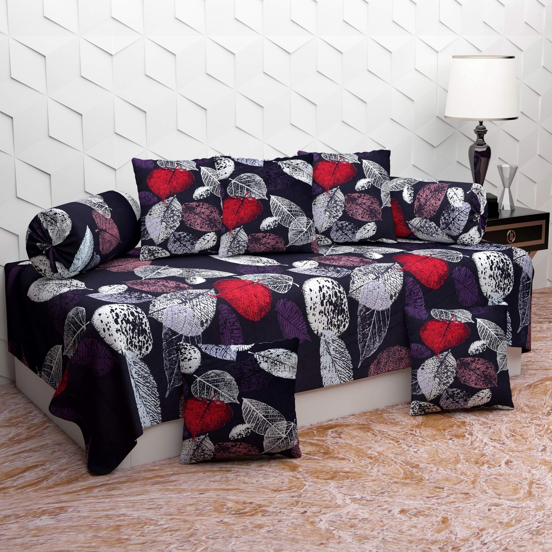 BROMWICK Check Microfiber Printed Diwan Set 8 Pieces, 1 Single bedsheet, 5 Cushions Covers and 2 Bolster Covers (Black)
