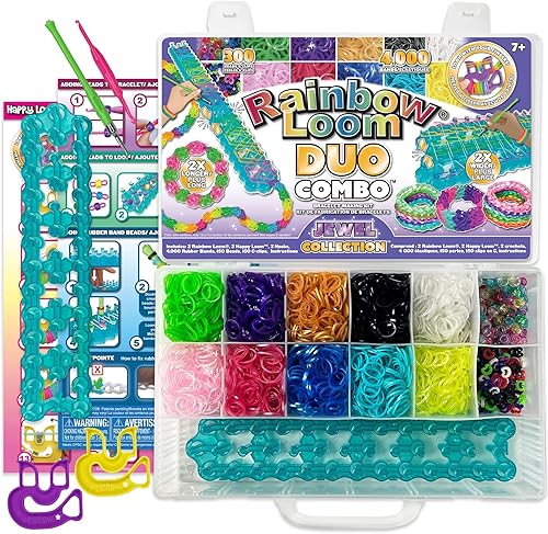 Rainbow Loom Duo Combo con colección de bandas de goma Jewel, cuenta con 2 que se conectan para hacer creaciones más largas y anchas, un estuche