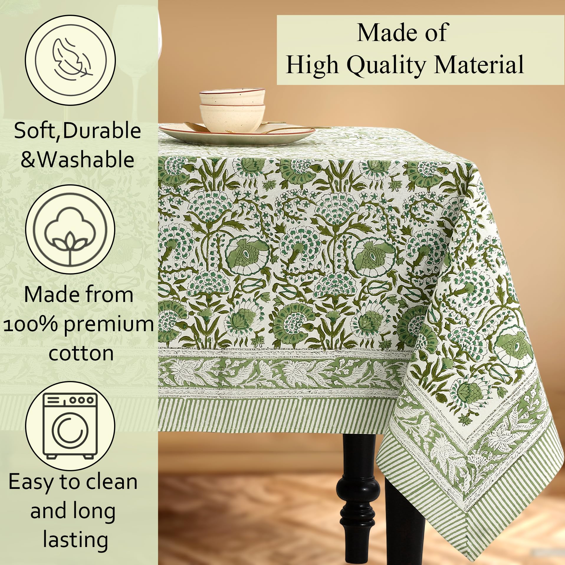 CPC - Tovaglia in 100% cotone, stampa a blocchi indiani verde agata a mano, 6 posti, 152 x 228 cm, lavabile, riutilizzabile, per casa, ristorante, hotel, eventi e uso quotidiano