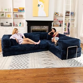 Jaxx Unsofa Modular Convertible L-Shaped Sectional Sofa with Foldable Memory Foam King Sleeper Bed Space Saving Configurable Couch with Mega Faux Fur, Midnight Blue