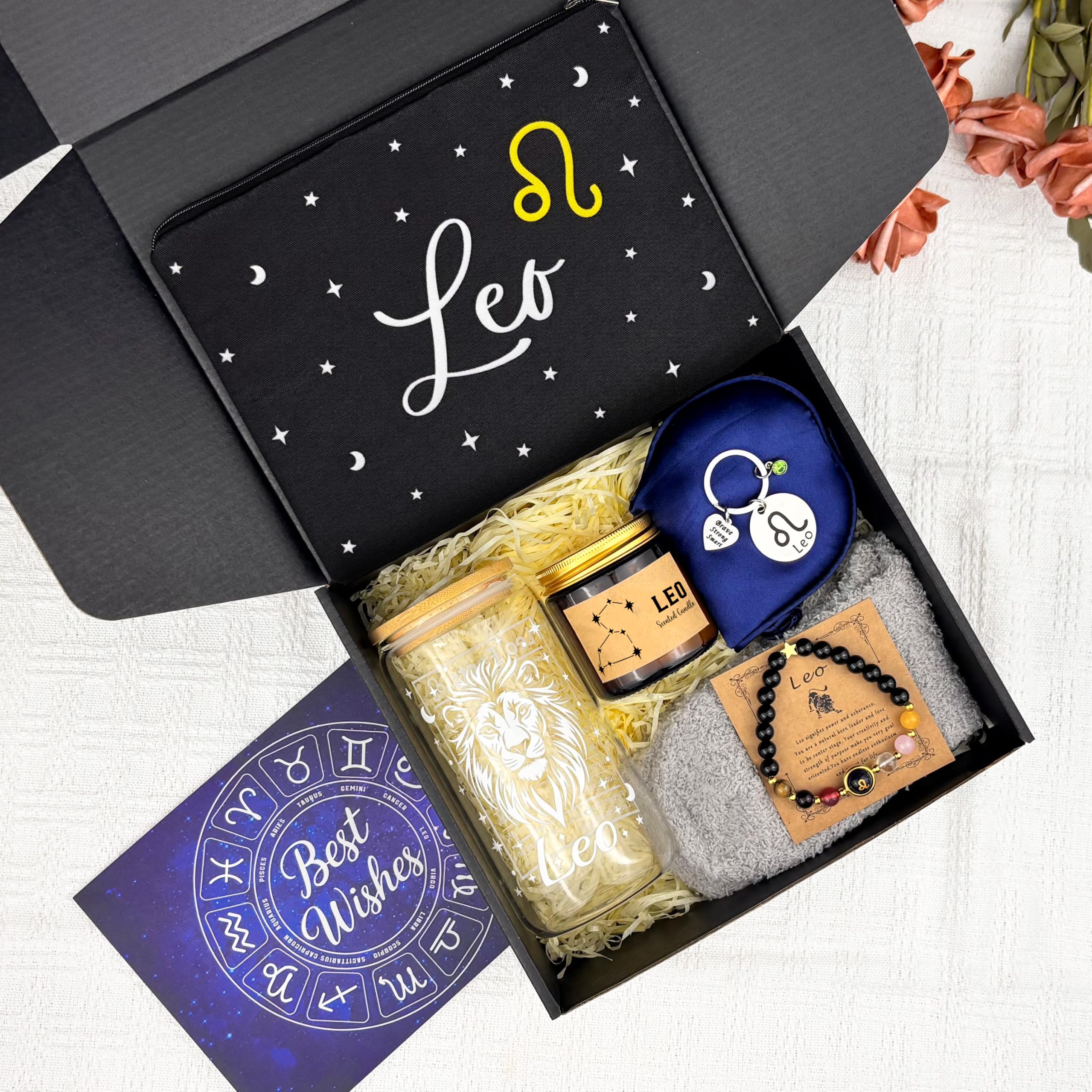 Leo - Regalos de cumpleaños para mujer, juego de taza de cristal del zodiaco para ella, cesta de astrología para mamá y hermana, caja de constelación para amiga, cesta de agradecimiento para jefe