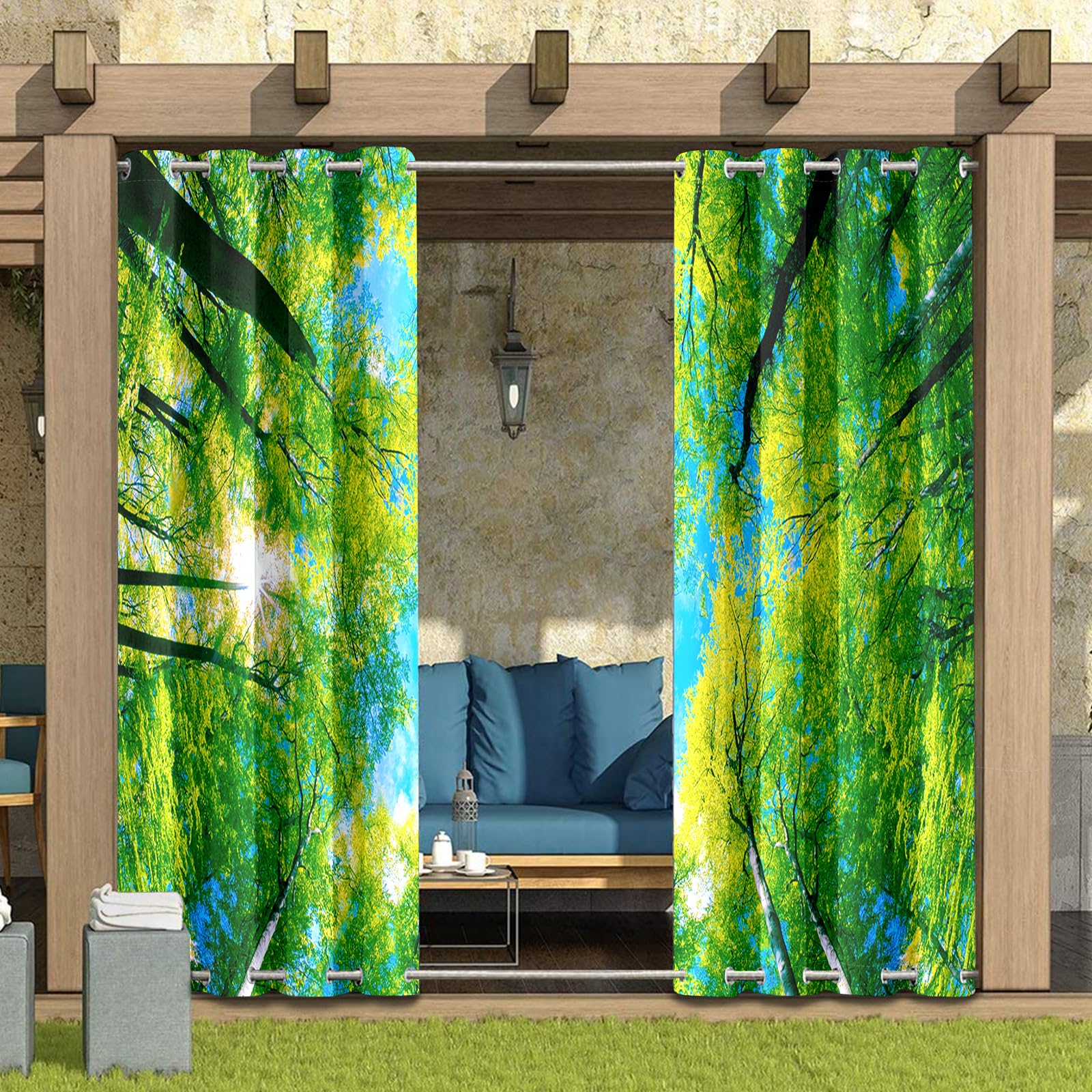Hixingo 3D Outdoor Vorhang Wetterfest mit Ösen Oben und Unten, 2er Set Outdoorvorhänge Wasserdicht Winddicht Outdoor Gardinen Sonnenschutz Sichtschutz (Grüner Wald,137x274cm)