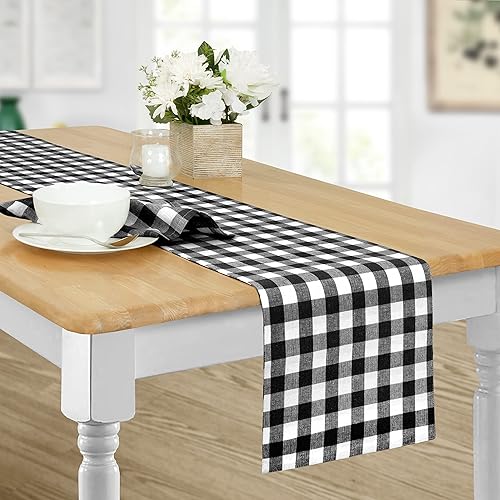 Home Bargains Plus Camino de mesa rústico de algodón a cuadros de búfalo, 180 cm de largo, negro, camino de mesa a cuadros de gingham de cabaña de
