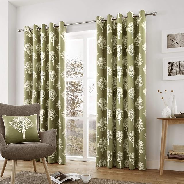 Fusion - Woodland Trees - 100 Percent Cotton Pair of Eyelet Curtains - Green - 66" Width x 54" Drop (168 x 137 cm)