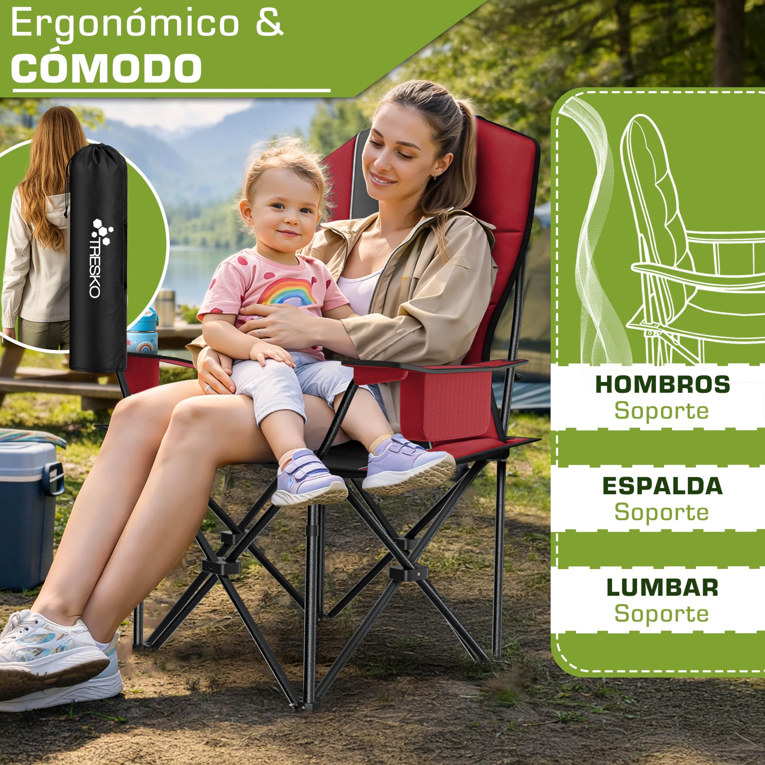 TRESKO® Silla de Camping Plegable y transportable | hasta 150 kg | Silla de Pesca portátil con reposabrazos y portabebidas (Rojo)