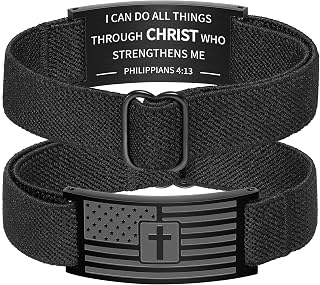 American Flag Cross Bible Verse Bracelet for Men Boys, Black Elastic Stretch Strap Adjustable Bracelets Christian Jewelry Gifts