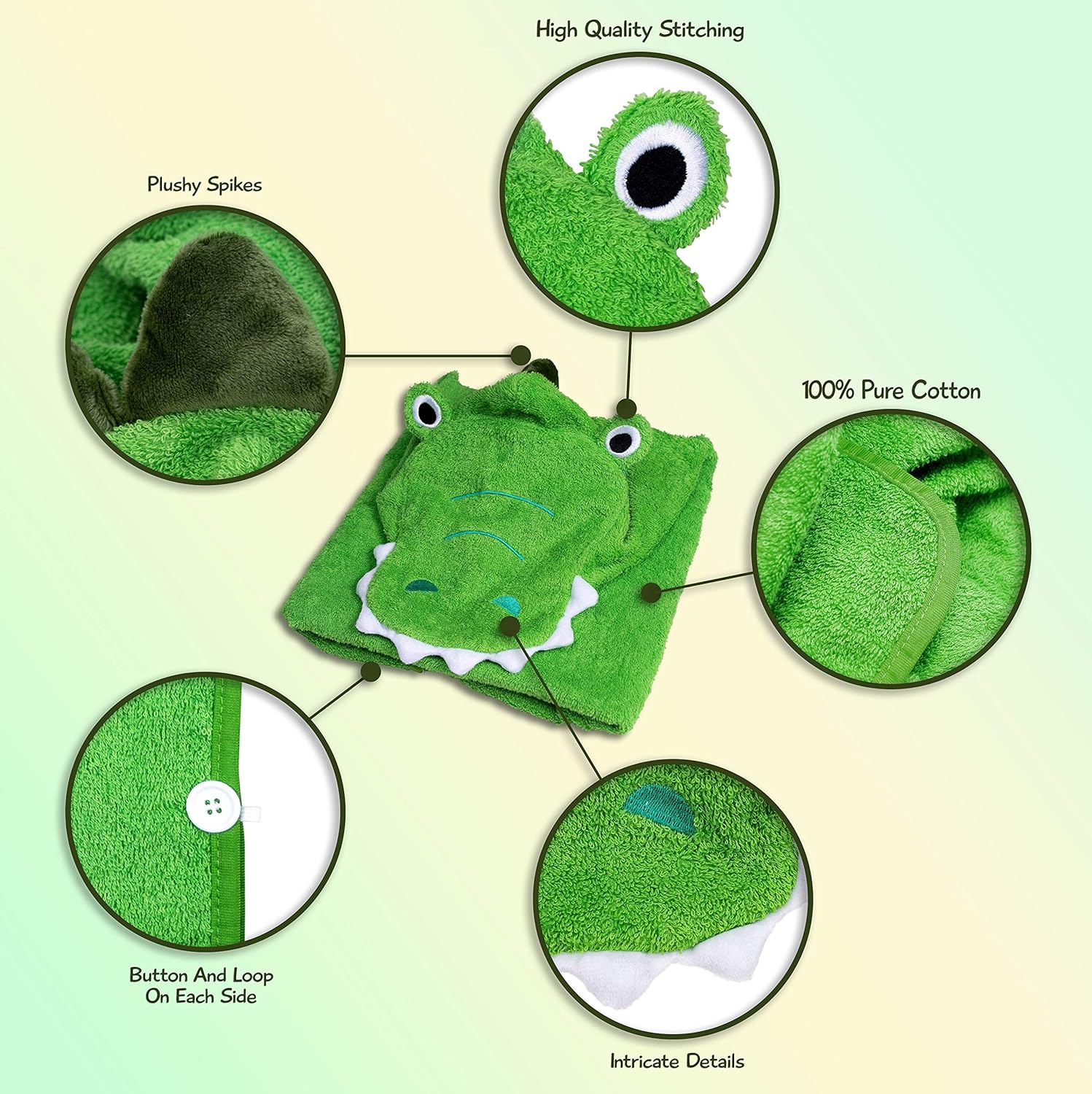 Hudz Kidz Premium Hooded Towel Poncho for Kids & Toddlers, Soft 100% Cotton, Ideal at Bath, Beach, Pool (Green Croc)