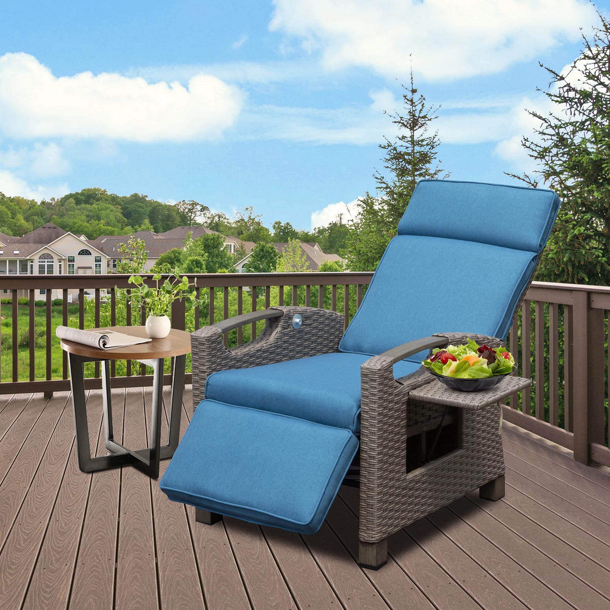 Domi Outdoor Recliner Chair, Patio Recliner with Hand-Woven Wicker, Flip Table Push Back, Adjustable Angle, Thickness Cushions, Reclining Lounge Chair