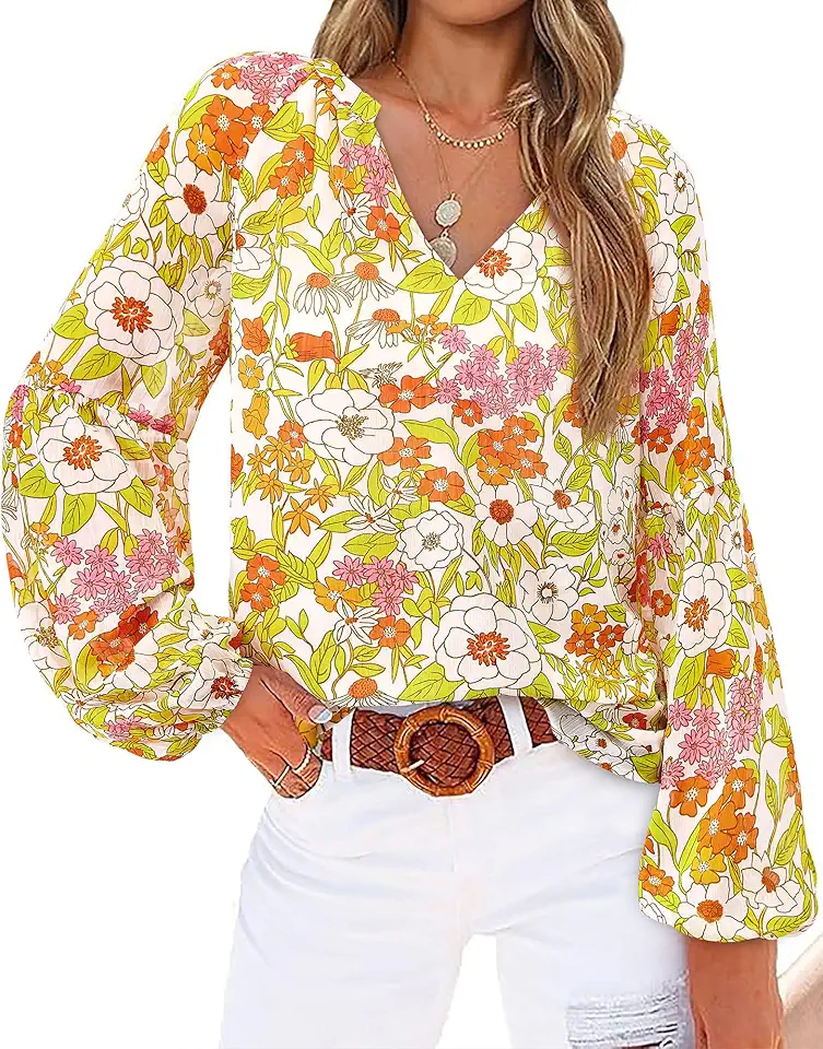 BTFBM Blouses for Women Floral Boho Tops V Neck Lightweight Long Sleeve Shirts Fall 2025 Dressy Casual Vacation Outfits