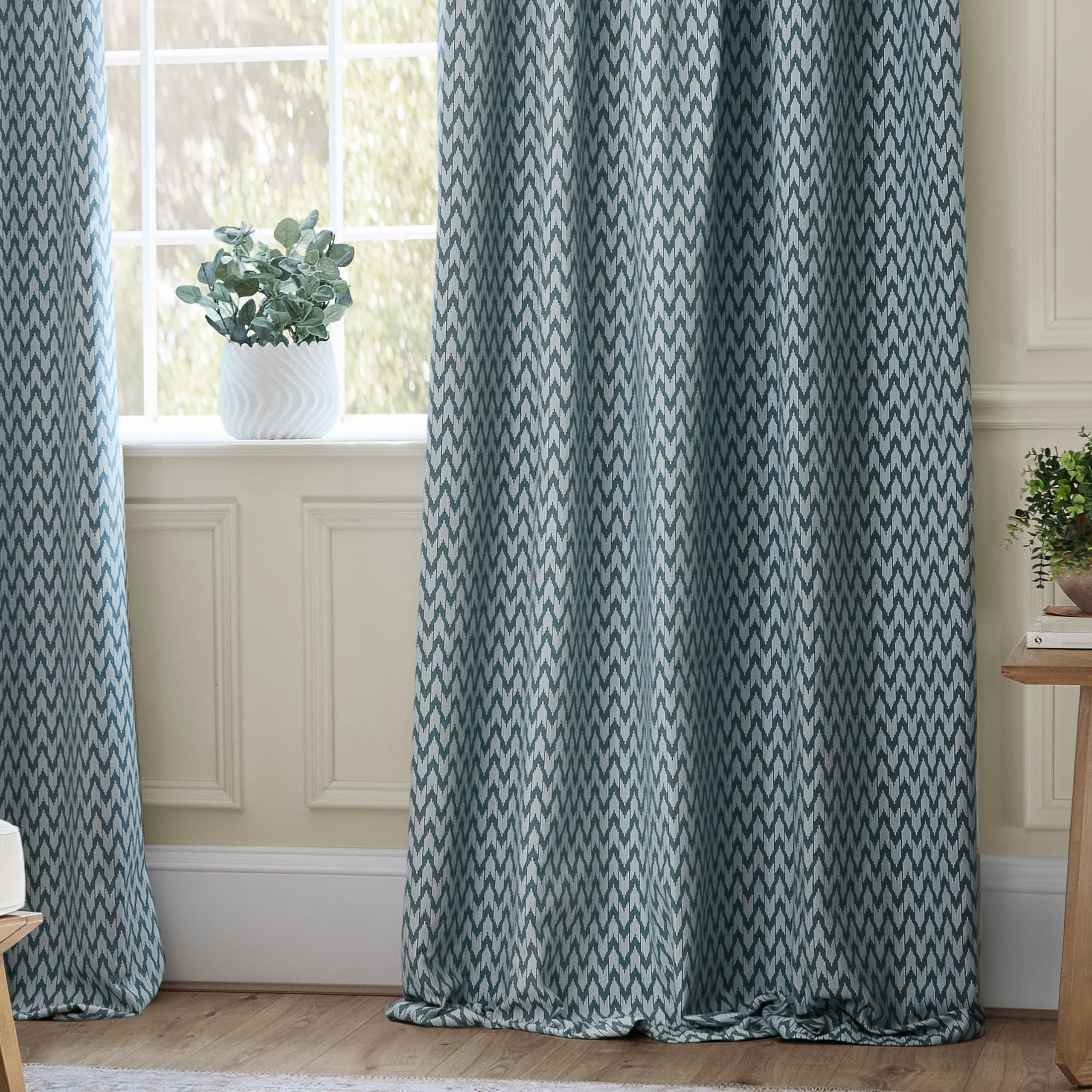 Sanderson Hutton Room Darkening Pencil Pleat Curtain Pair - Ikat Woven Jacquard Lined Drapes (Blue - 117x183cm) - Image 3
