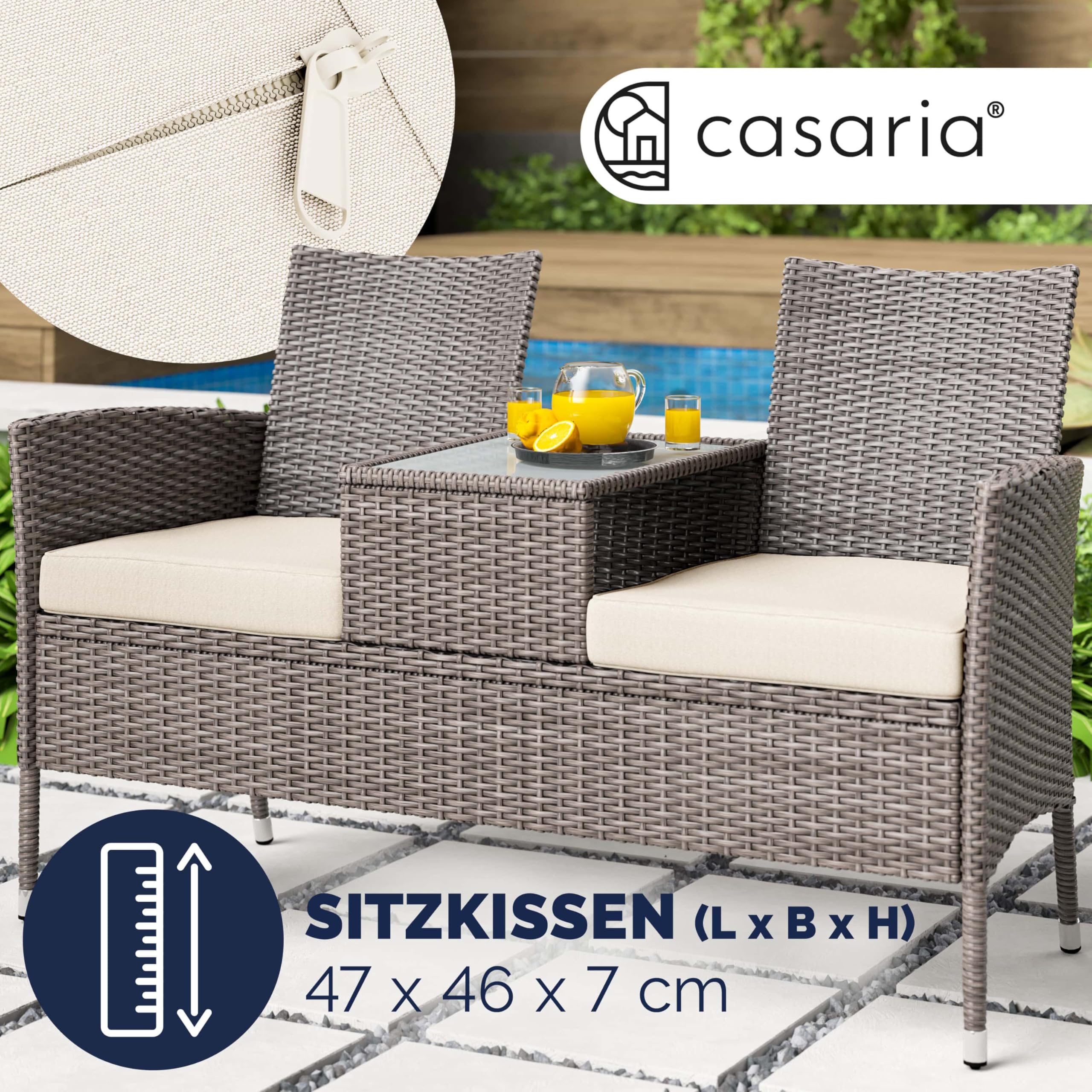 Casaria® Gartenbank Wetterfest Polyrattan Tisch Auflagen 320kg Belastbarkeit UV-beständig Garten Balkon Bank Möbel Sitzbank 2-Sitzer 143x55x88cm Creme