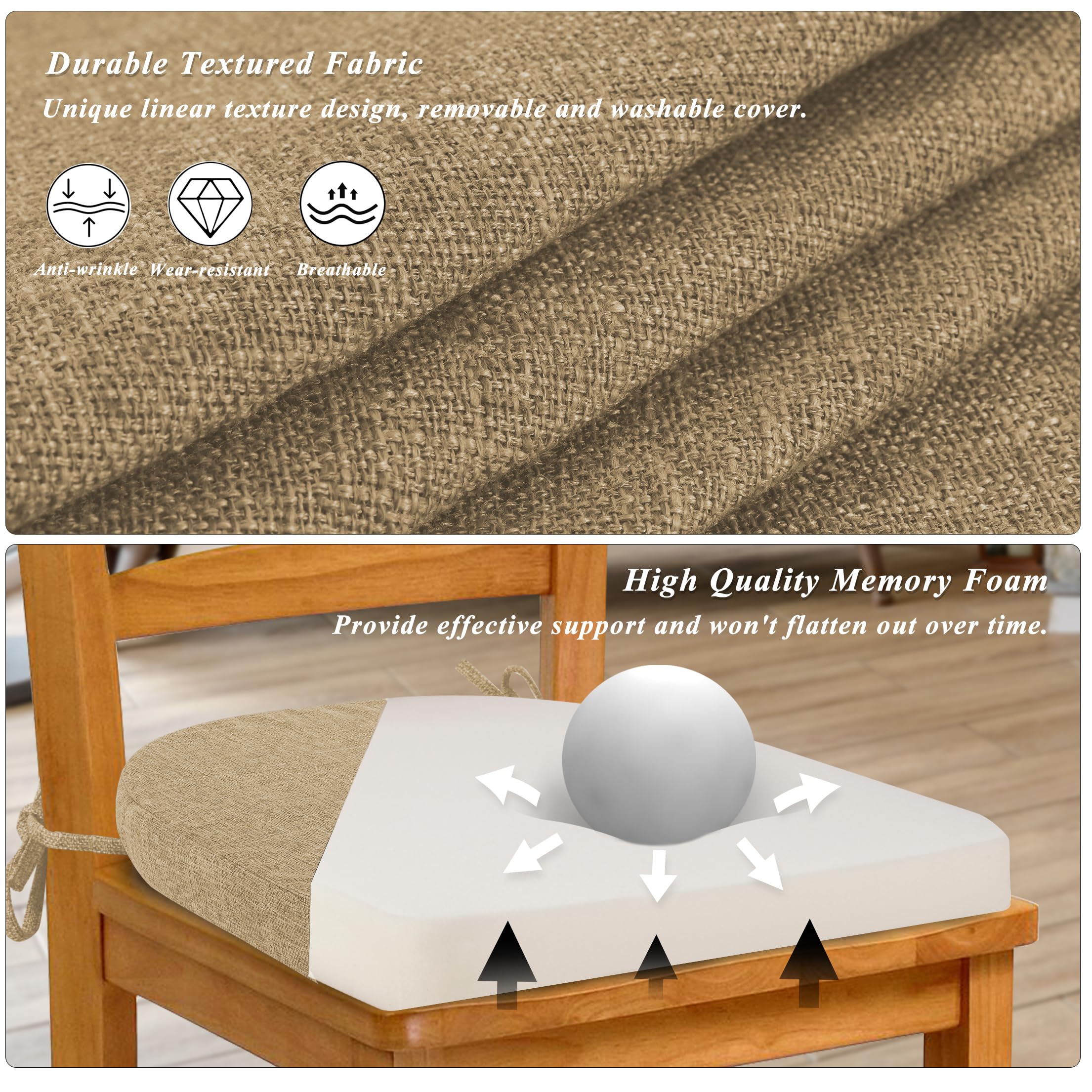 FlyGulls 4 Pack Seat Cushion Linen Chair Cushions for Dining Chairs with Ties Kitchen Chair Cushions Non Slip U Shape Chair Pads Beige (45 * 45 * 5cm/17 * 17 * 2inch) - Image 2