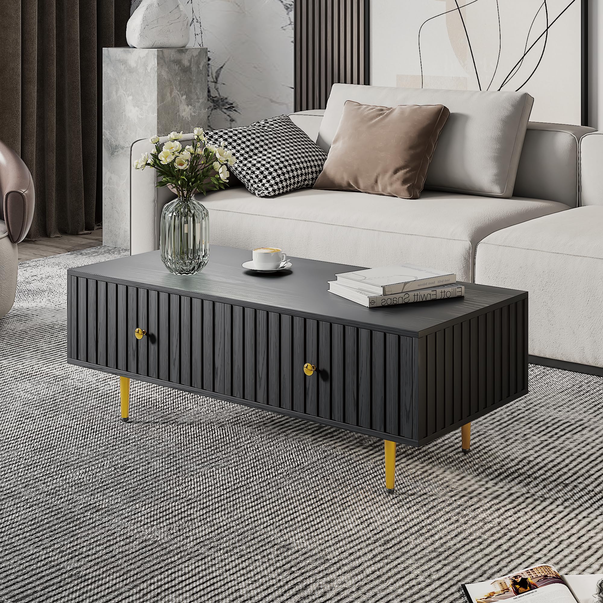 KEEPREAPER Couchtisch, Wohnzimmertisch mit 2 Schubladen und Metallfüßen, modern, für Wohnzimmer, 110 x 50x 40 cm (Schwarz)