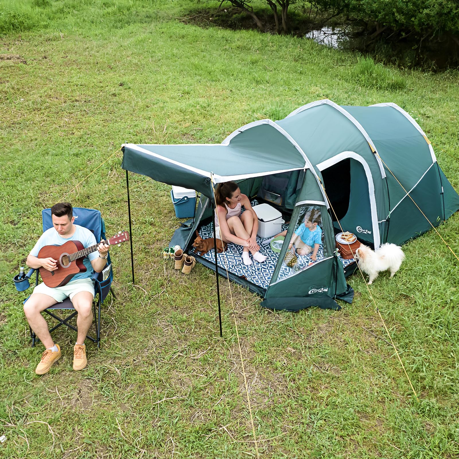 PORTAL Zelt 3 Perosonen Camping Zelt Wasserdicht 3000mm mit Vorzelt Fenster 3 Mann Tunnelzelt Familienzelt Festivalzelt für Camping Reise Trekking Garten