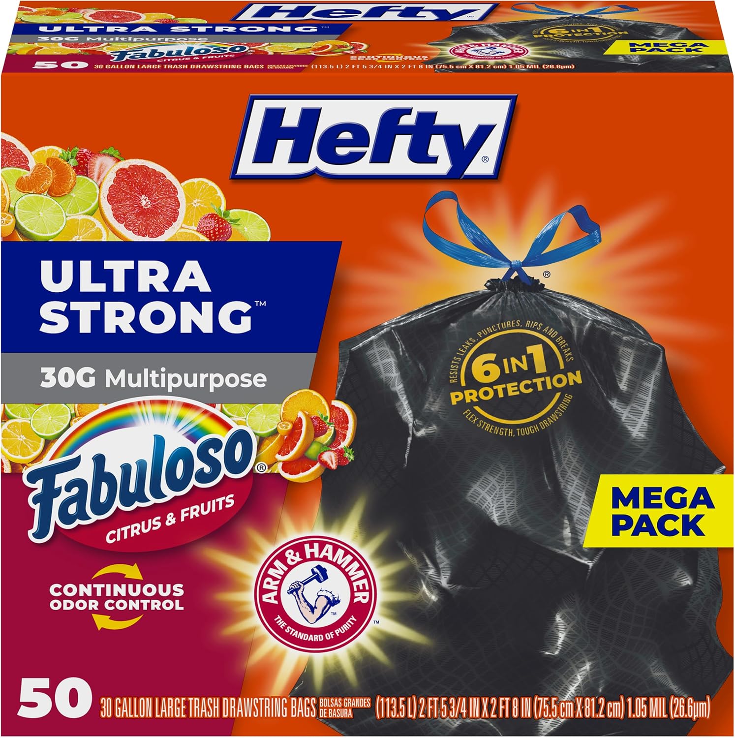 Hefty Ultra Strong 30 Gallon Trash Bags, Large Trash Bags 30 Gallon Size, Multipurpose, Break Resistant Drawstring Closure, Resists Leaks, Punctures, and Tears, Black, Fabuloso Scent, 50 Bags