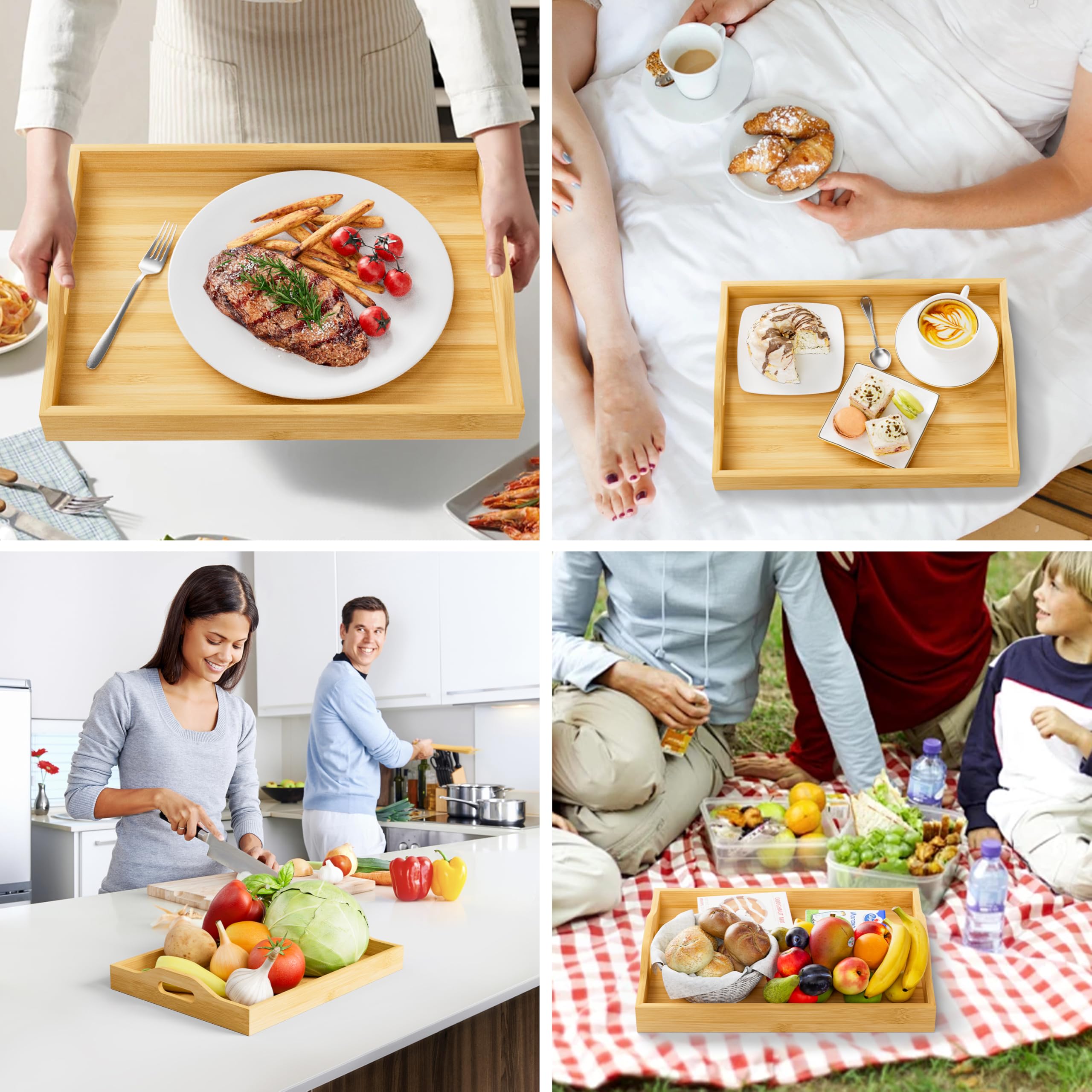 Paquete de 3 bandejas de servir con asas, bandeja rectangular anidable de 3 tamaños, bandejas de servir fáciles de llevar, bandejas de bambú duraderas para servir alimentos, fiestas, cocina, organizar