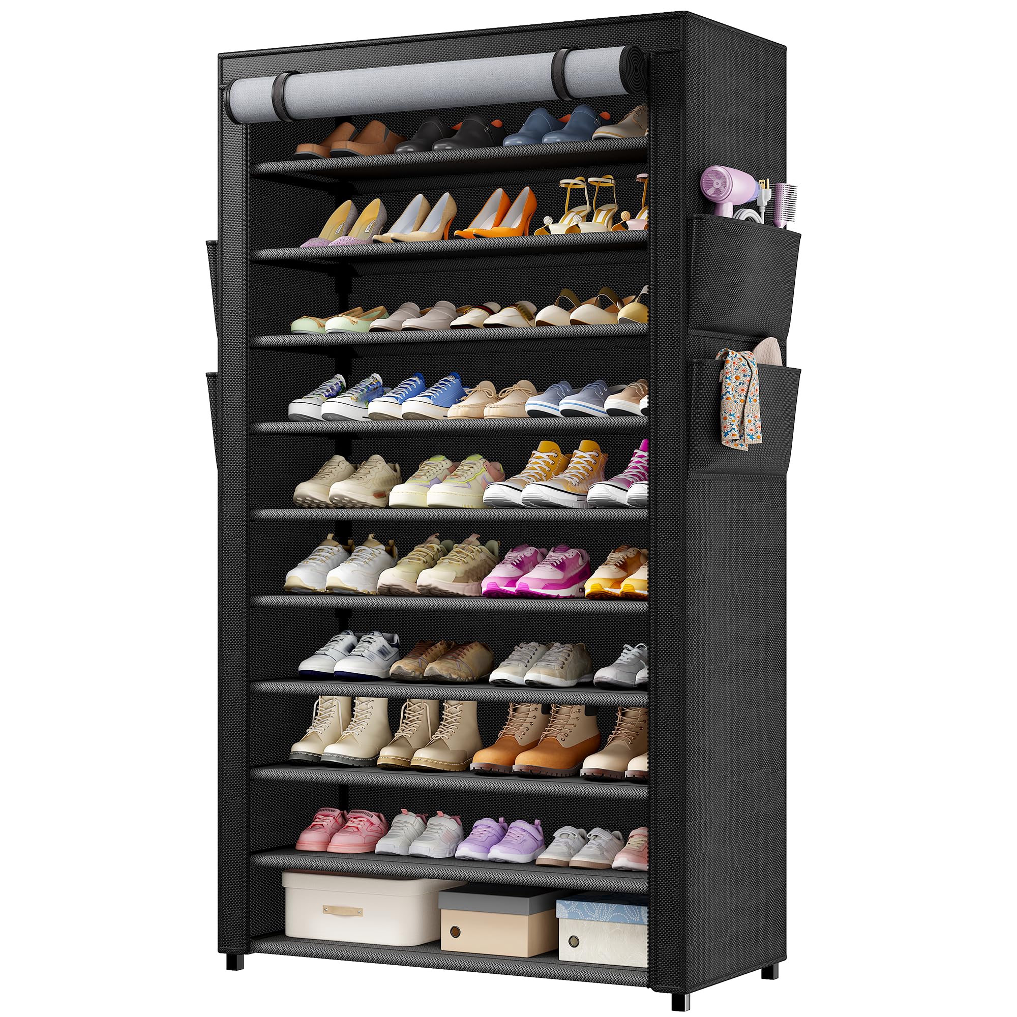 Zapatero de 11 Niveles, Zapatero Estrecho y Alto con Cubierta Antipolvo de Diseño Visual, Capacidad 30-50 Pares, Entrada, Recibidor y Dormitorio, Negro