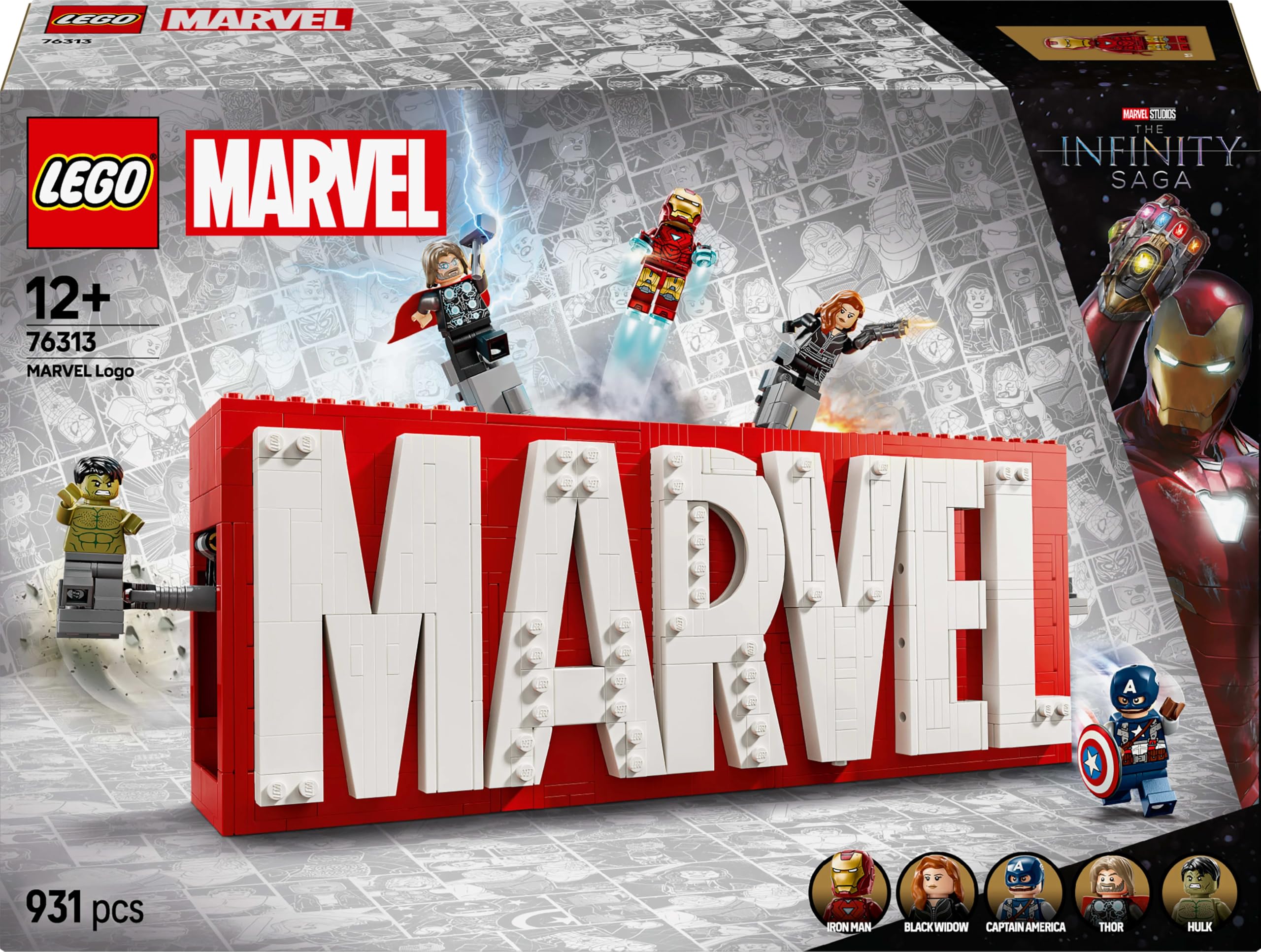 LEGO | Marvel Logo MARVEL z minifigurkami 76313 | Zestaw kolekcjonerski, model do ekspozycji, prezent dla fana superbohaterów 12+, dla nastolatków, 931 elementów