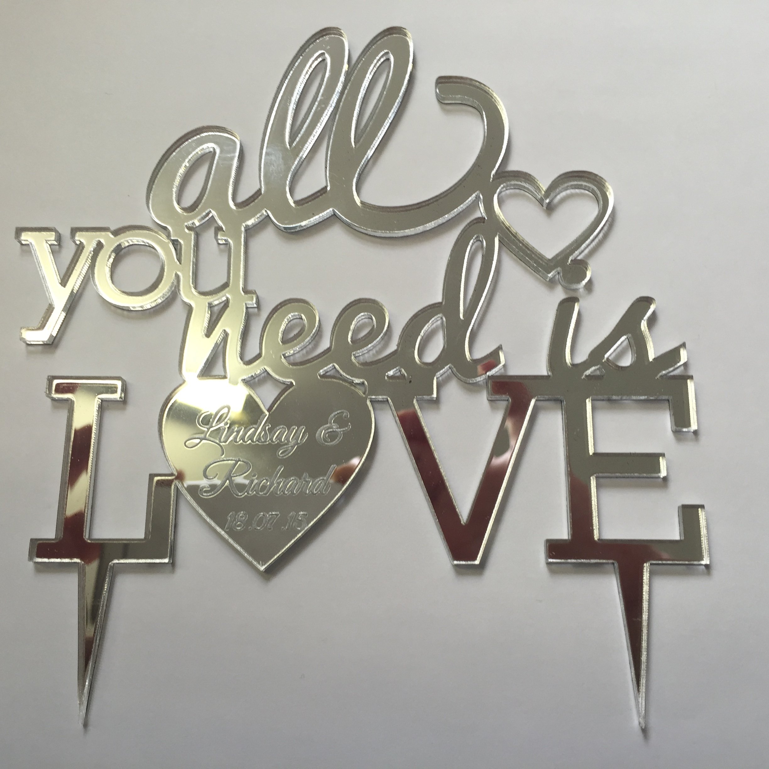 Fsss Ltd Mirror Acrylic All You Need Is Love Beatles Personalised Engraved Mr & Mrs Cake Topper Wedding Keepsake Heart (Mirror Acrylic)