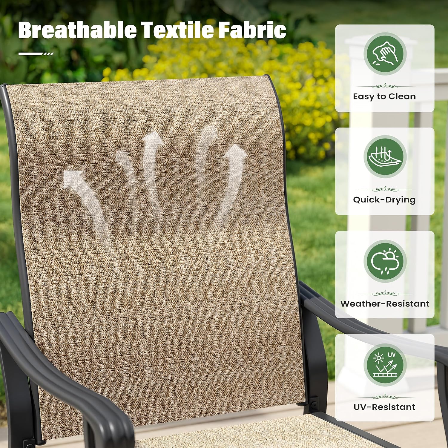 UDPATIO 5 Piece Outdoor Patio Table and Chairs Set for 4, 37" Black Square Table with Umbrella Hole, Metal Brown Patio Chairs Set of 4, Patio Table with Chairs, Outdoor Patio Dining Set for Lawn