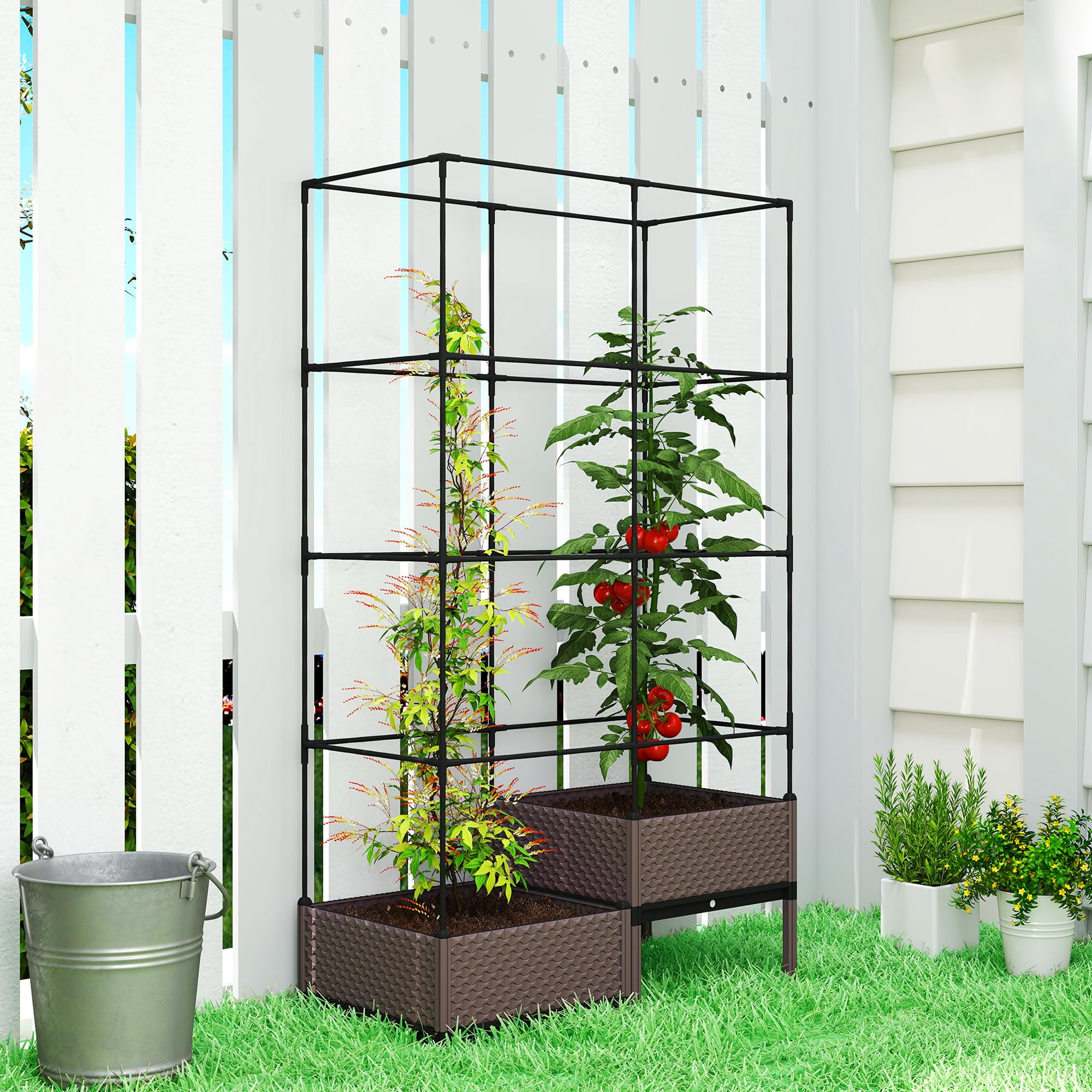 Outsunny Jardinera con Enrejado Metálico, Jardinera Exterior Grande para Plantas Trepadoras, 2 Macetas de PP con Orificios de Drenaje, Tapones, Macetero Elevado para Jardín Patio, 100x50x174 cm, Negro
