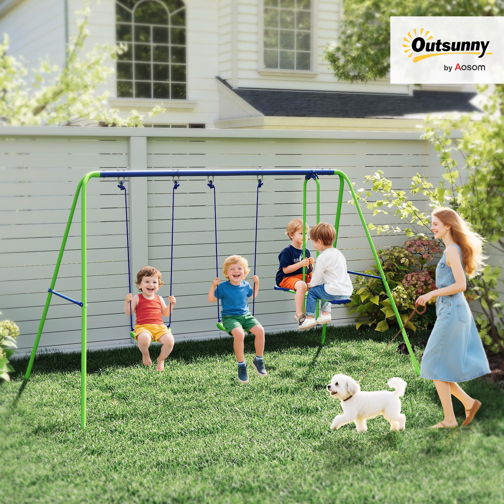 Outsunny Set Altalene da Giardino per 4 Bambini, 1 Altalena Doppia e 2 Altalene Singole, Capacità di peso 45kg (Altalena) 180kg (Totale), 280x140x178cm