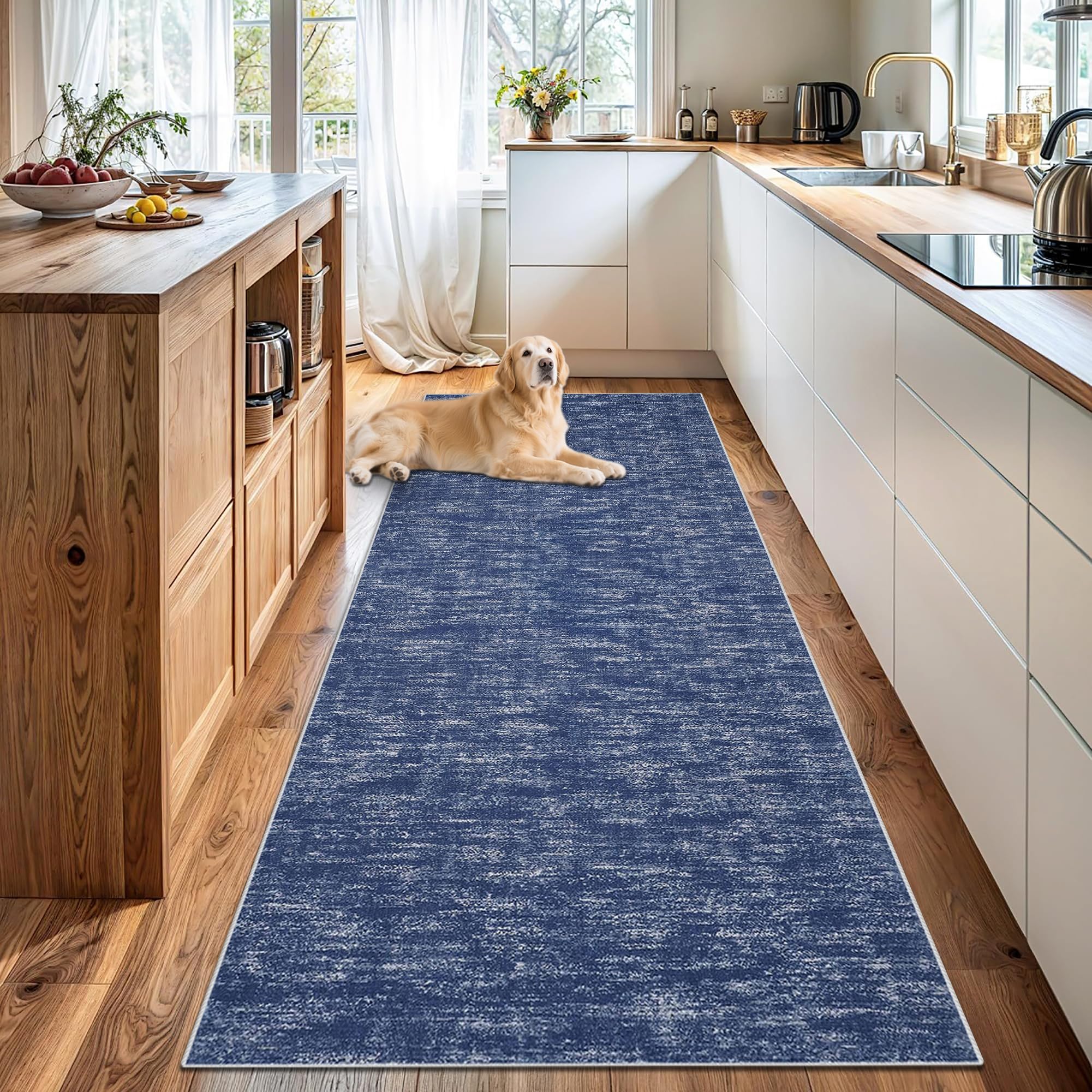 Alfombra de pasillo larga lavable de 50 x 400 cm azul con base antideslizante para entrada