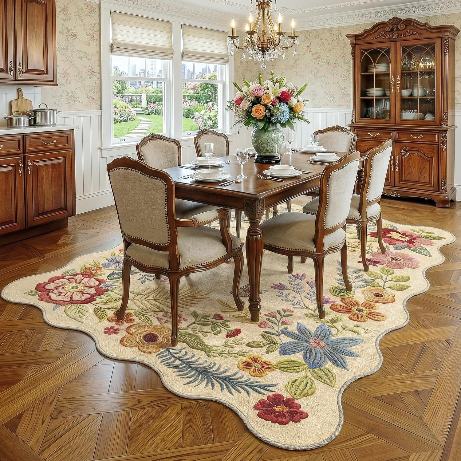 FMFUNCTEX 5x7 Floral Washable Area Rug Beige Neutral Vintage Flower Botanical Cottage Boho Cream Scalloped Soft Non Slip Low Pile Large Indoor Thin Carpet for Living Room Bedroom Dining Room Nursery