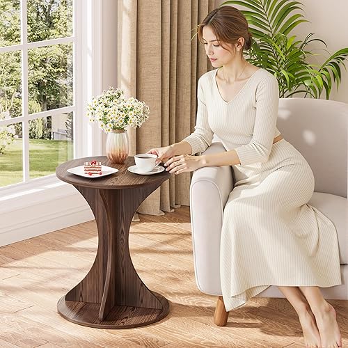 Miniatura 5 de Mesa auxiliar redonda pequeña, mesa auxiliar de madera para sala de estar, moderna mesita de noche circular con pedestal para espacios pequeños,