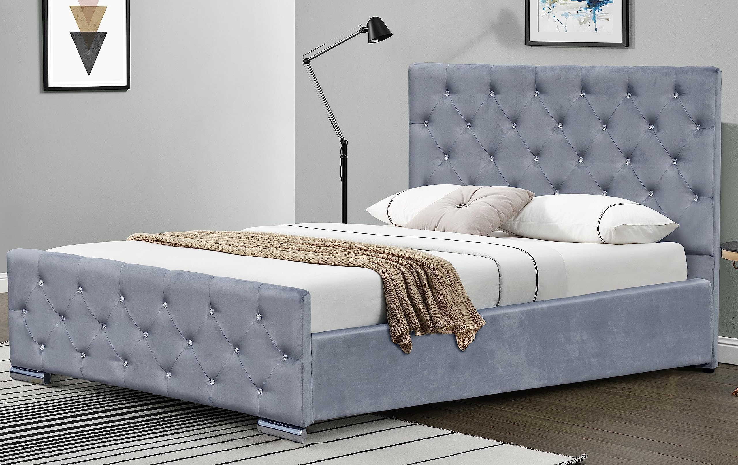 Comfy Living Brushed Velvet Diamante Chesterfield Upholstered Bed In Grey (4ft6 Double, No Mattress)