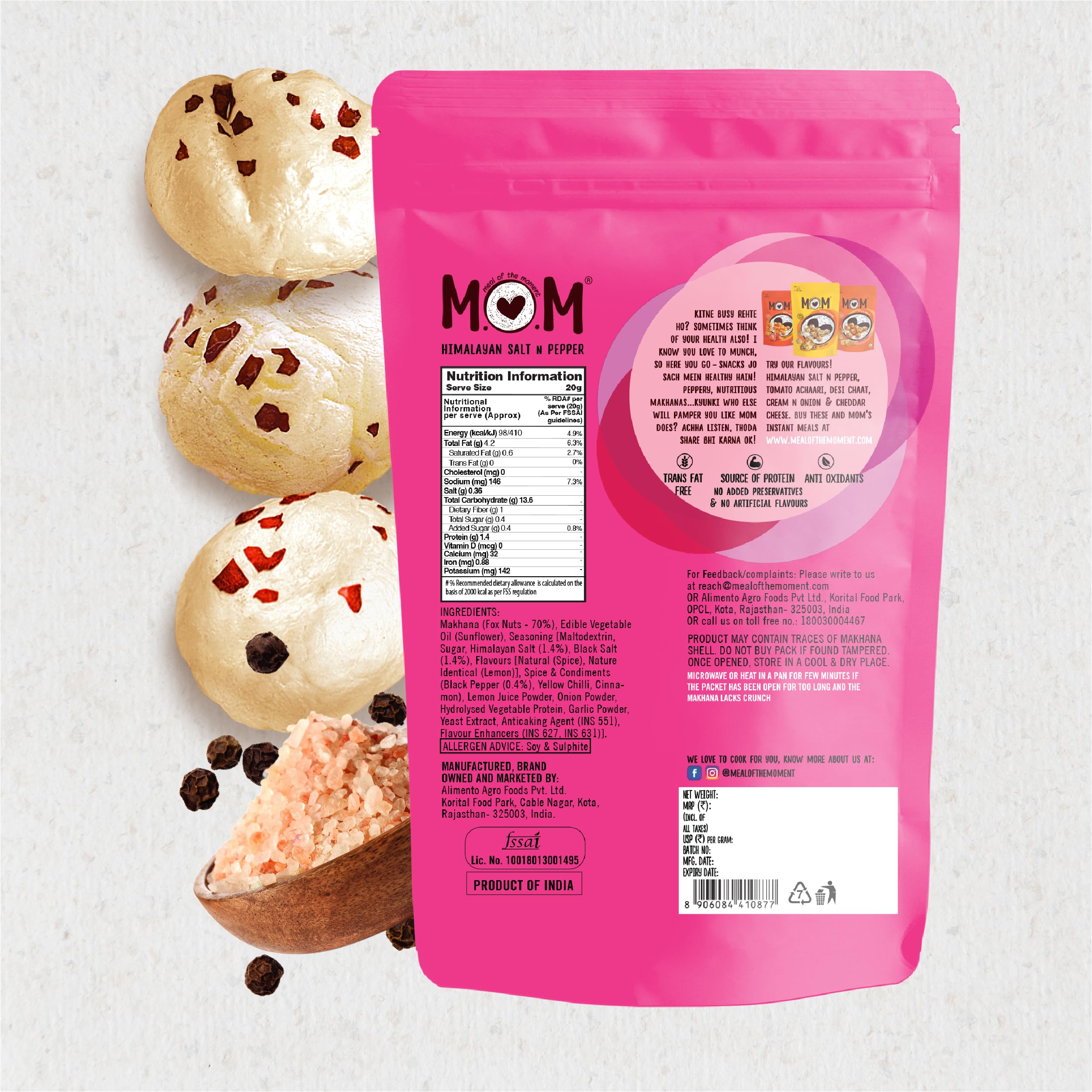 MOM - Meal of the Moment, Roasted Himalayan Salt N Pepper Makhana (Pack of 3), 52g Gluten Free | Anti Oxidants | MSG Free | Zero Trans Fat | No added Preservatives and No Artificial Flavours - Image 4 thumbnail