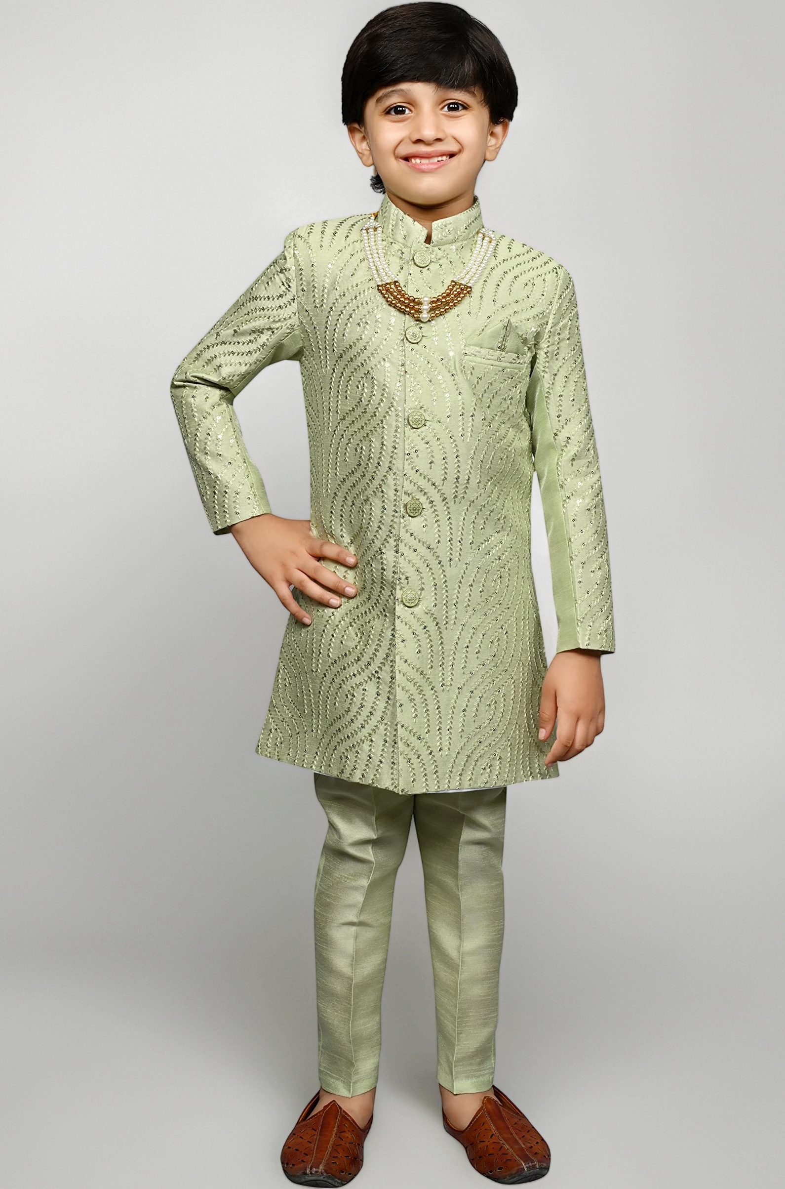 Kids Ethnic Silk Blend Sequin Print Indo-Western Sherwani Set For Boys