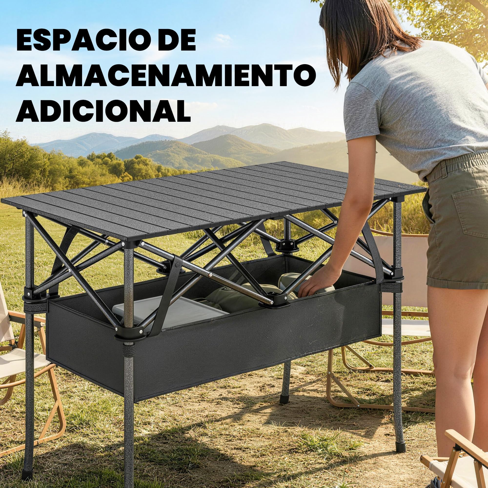 Outsunny Mesa Plegable Camping, 93x55x68 cm, Mesa Plegable Portátil con Red de Almacenamiento, Encimera Enrollable de Aluminio, Marco Metálico, Bolsa de Transporte, para Acampar, Senderismo, Negro