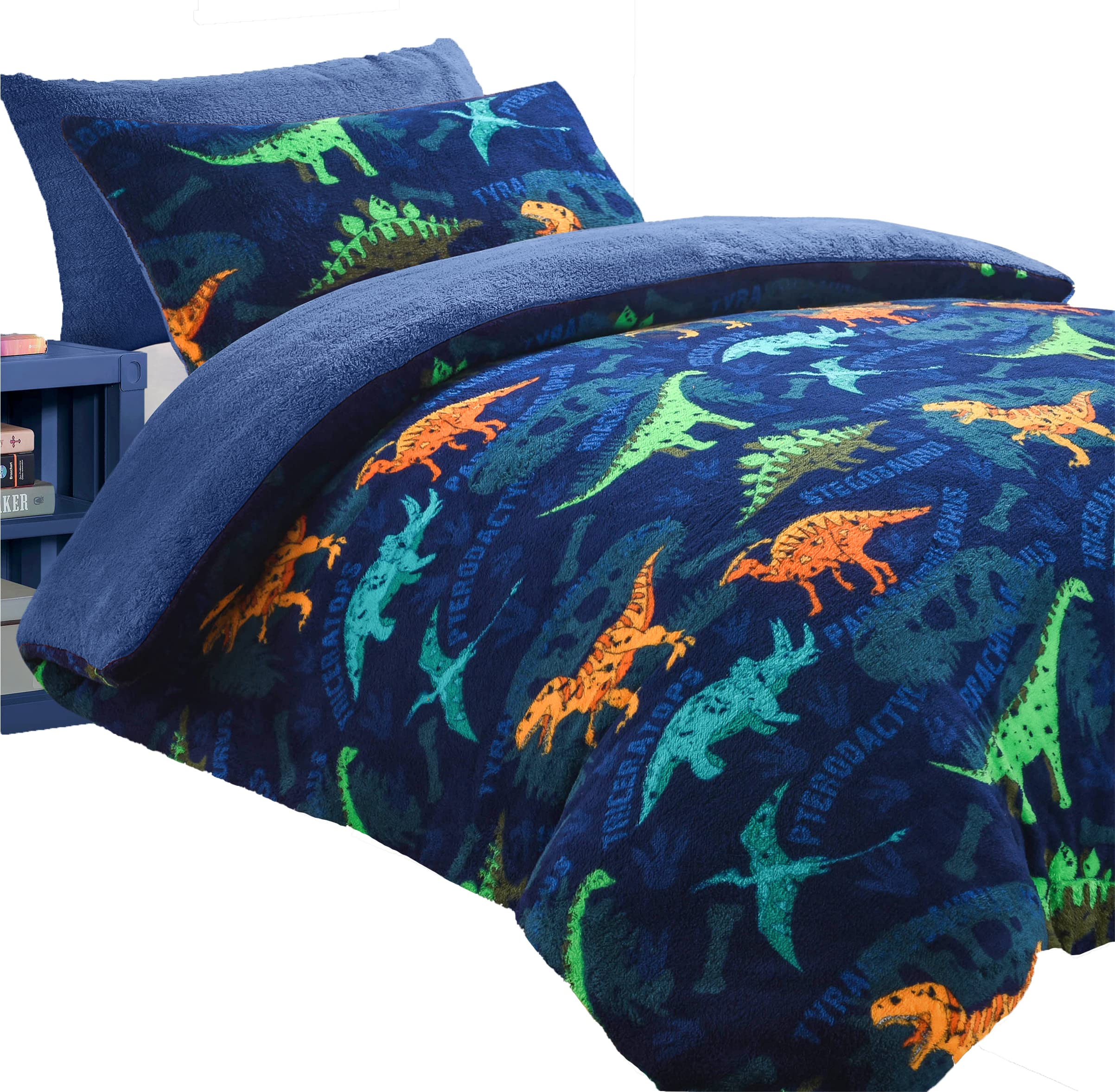 Rohi Kids Teddy Fleece Dinosaur Duvet Cover Set - Navy Blue - Double Duvet Cover with Pillow Covers| 1X Double Bed Duvet Cover 200 x 200cm | 2X Pillow Cases 50 x 75cm