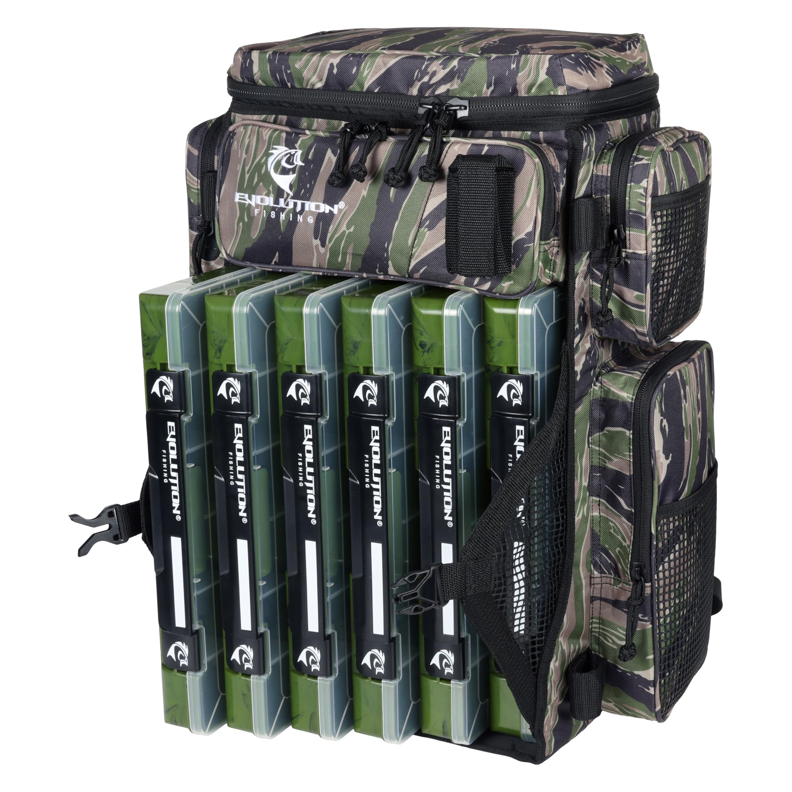 Evolution Fishing Drift Series 3700 Tackle Backpack with QuikLatch System & 2 Rod Holders – Tiger Stripe Camo, Heavy Duty Fishing Backpack w/ 6 Tackle Trays : Sports & Outdoors