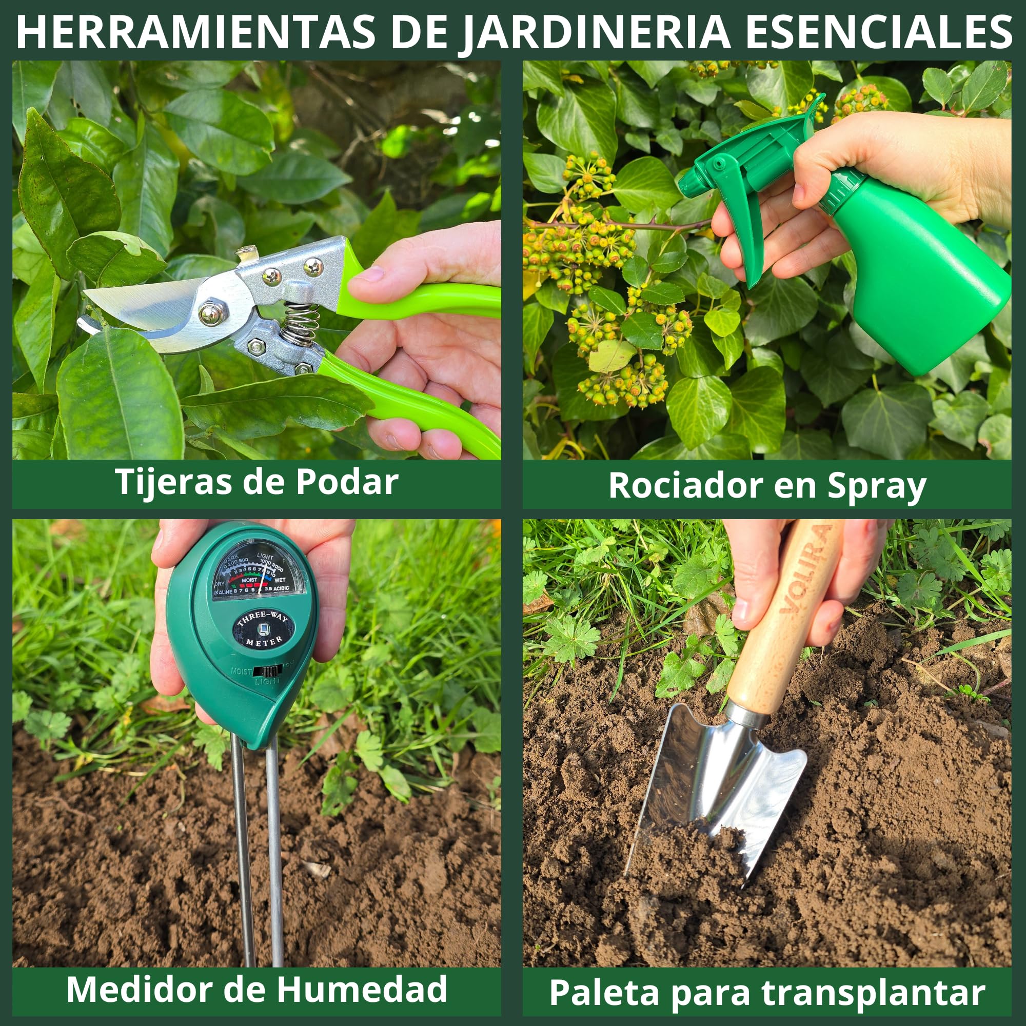Kit Jardinería 14 Piezas con Bolsa,Herramientas de Jardinería de Acero Inoxidable, Tijeras de Podar SK5, Medidor de Humedad, Guantes y Rodilleras – Set Jardinería para Huerto Urbano y Regalo