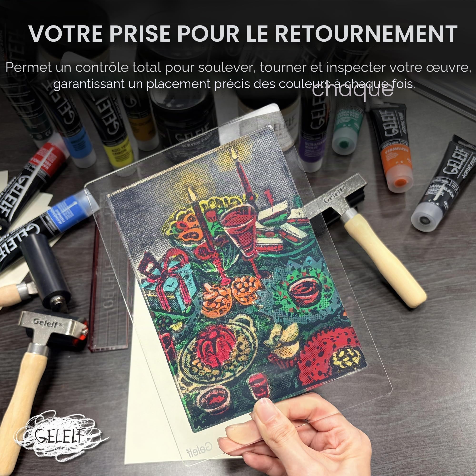 Kit de plaque d'impression gel – Plaque de gel de 12,7 x 17,8 cm avec bloc d'estampage en acrylique – La poignée pour un levage facile et une presse uniforme pour les débutants, les artistes