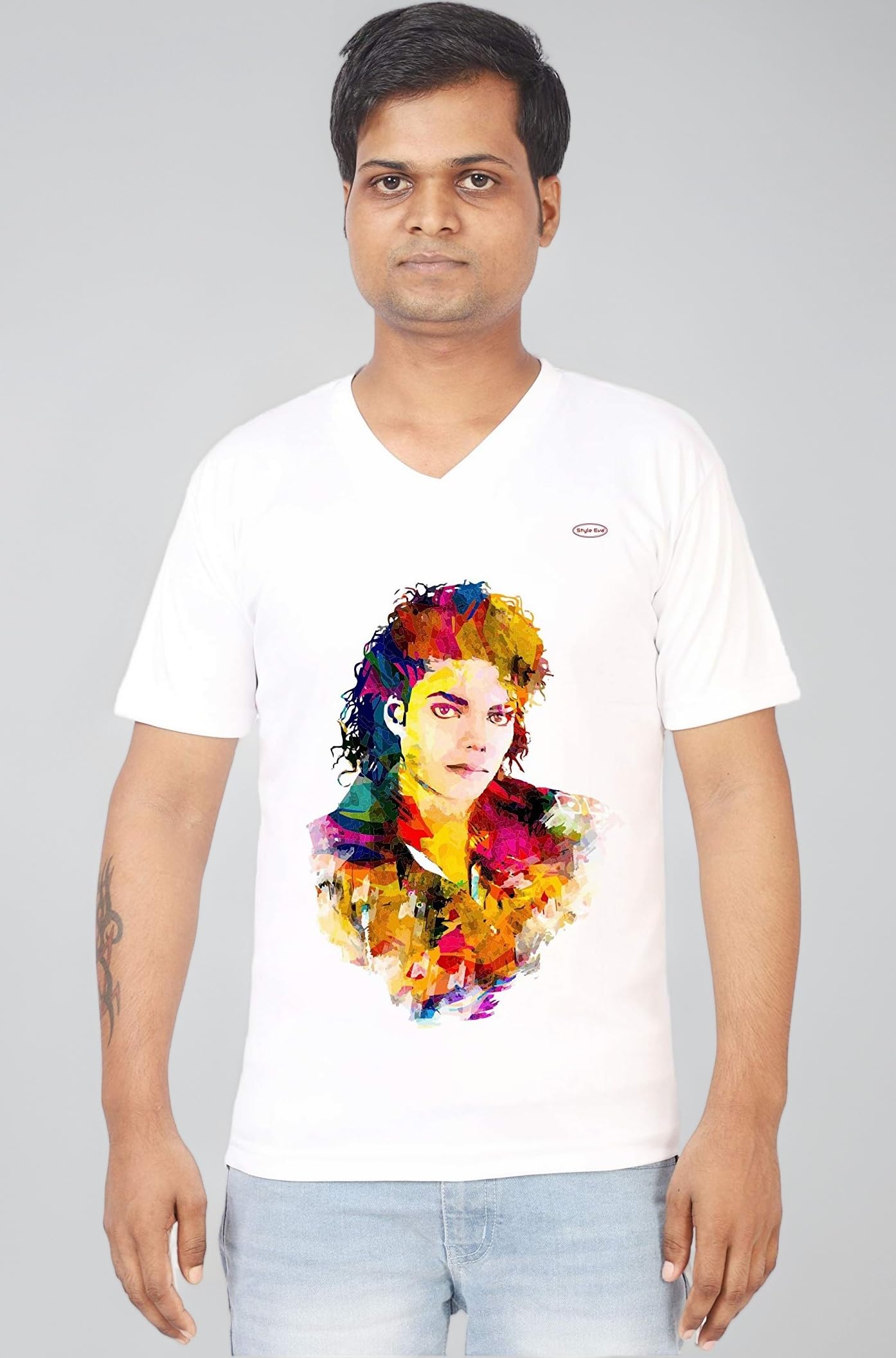 White Polyester | 292 - Michael Jackson | Michael Jackson Printed Short Sleeve V Neck T-Shirt