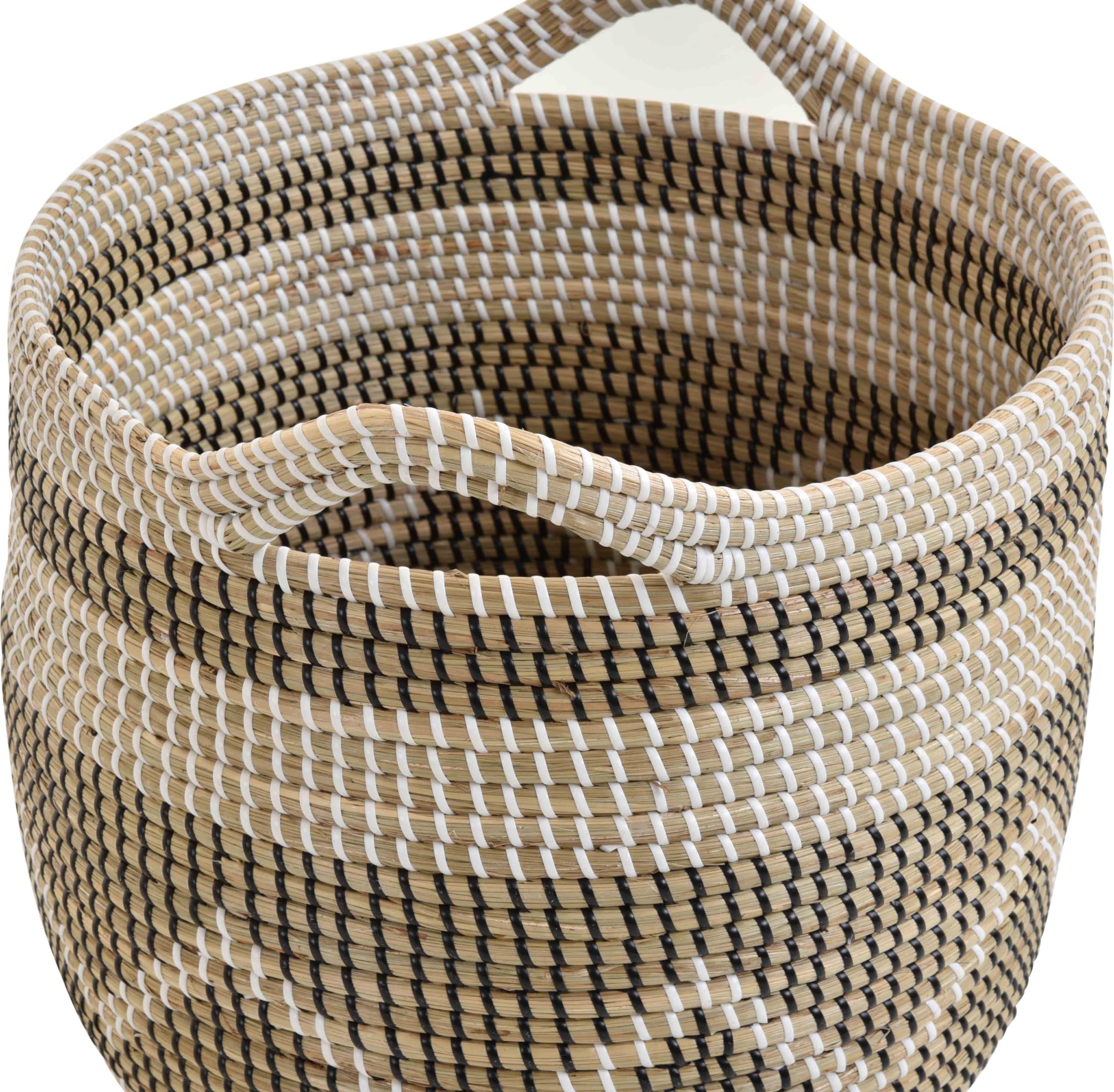 Runder Tragekorb Dekokorb Aufbewahrungs-Box Allzweck-Korb Natur Seegras mit bunten Wicklungen Flechtkorb (Natur Schwarz Weiss)