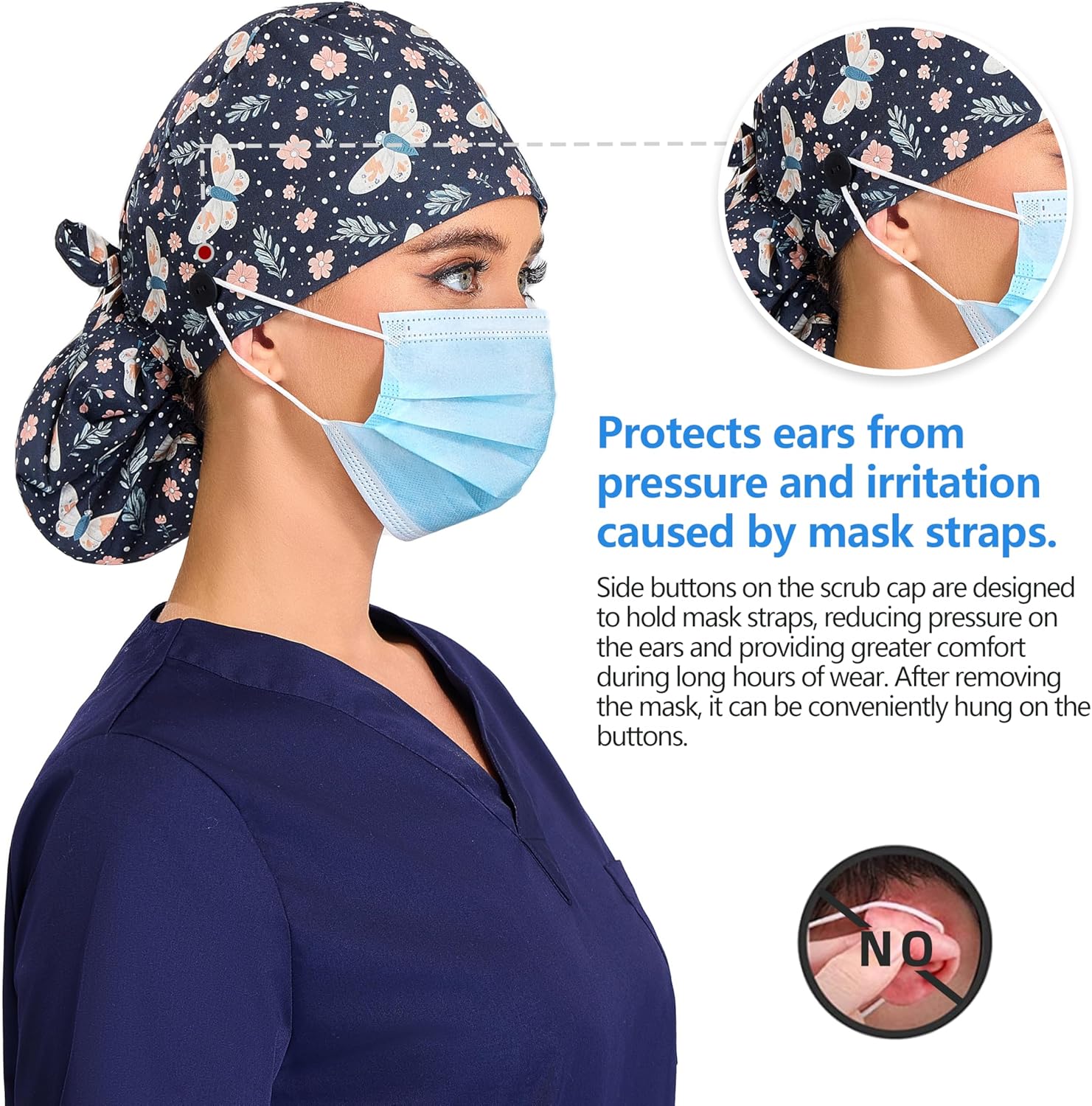 Satin Lined Scrub Cap, Scrub Hat Ponytail Women, Surgical Cap with Buttons & Sweatband, Cotton, Silk Lined - Image 4