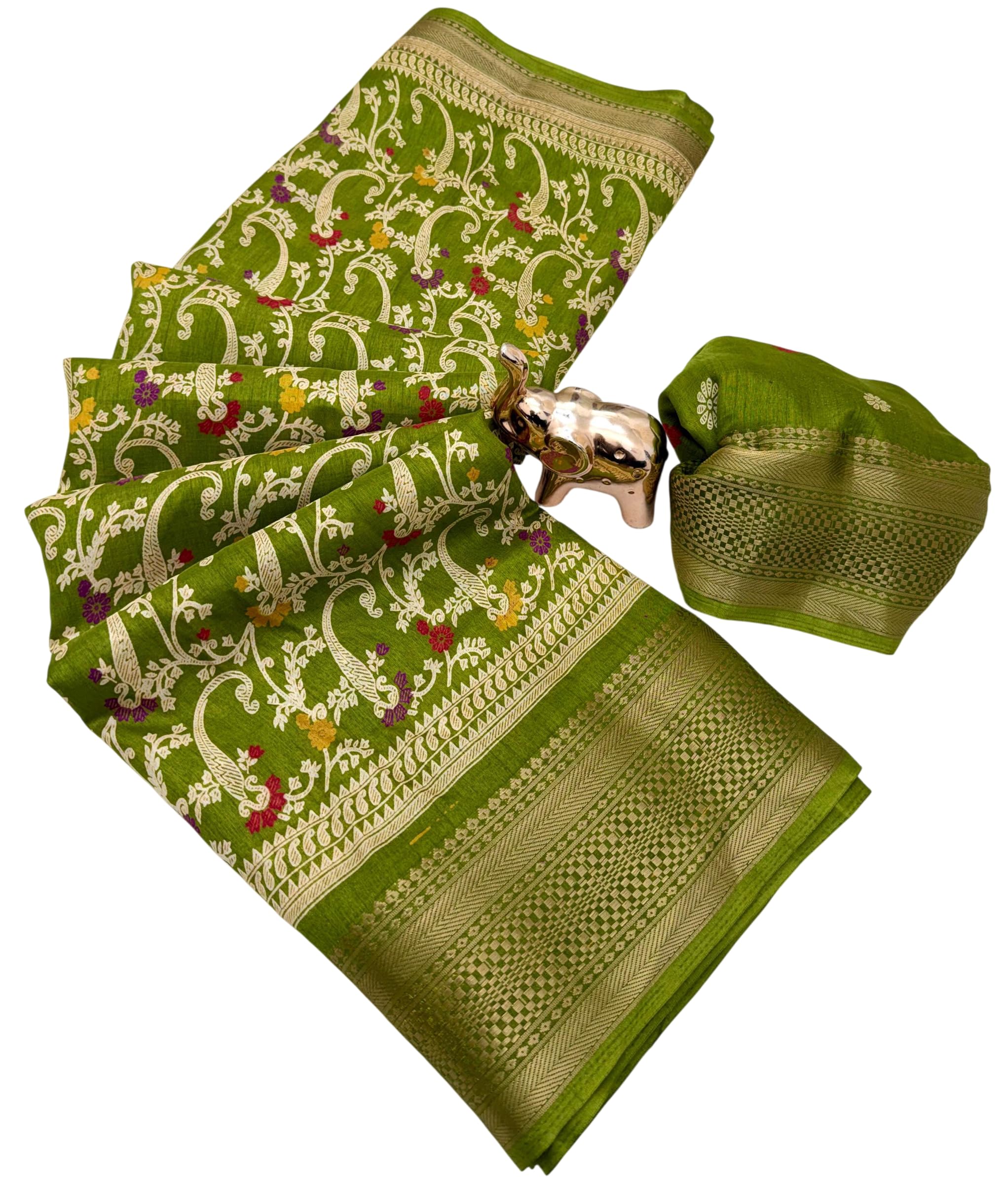 Women's Kashmiri Pashmina Soft Dola Silk Saree Beautiful Flower Print Tiny Zari Border With Blouse Piece-image-22