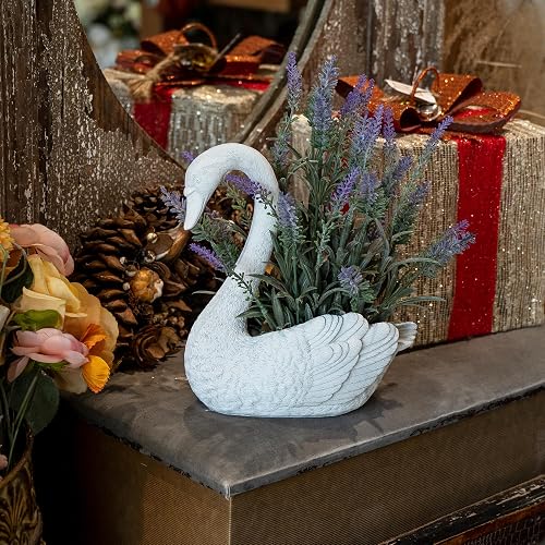 Elegant Resin Swan Statue Flower Pot –Vintage White Swan Planter with Artificial Lavender Plant Indoor Outdoor Rustic Garden Decor – Cute Animal Figurine Gift