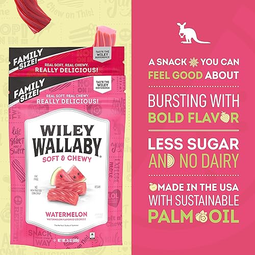 Miniatura 4 de Wiley Wallaby Paquete variado de dulces de regaliz clásicos de 24 onzas con sabor a sandía, estilo australiano, suaves y masticables, paquete de 2