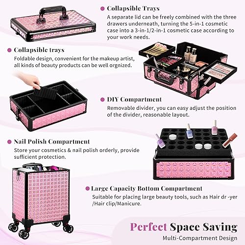 Miniatura 7 de AROUS Estuche de maquillaje rodante 5 en 1, estuche de cosmetología con ruedas, gran organizador cosmético, carro de viaje para estilista, artista,