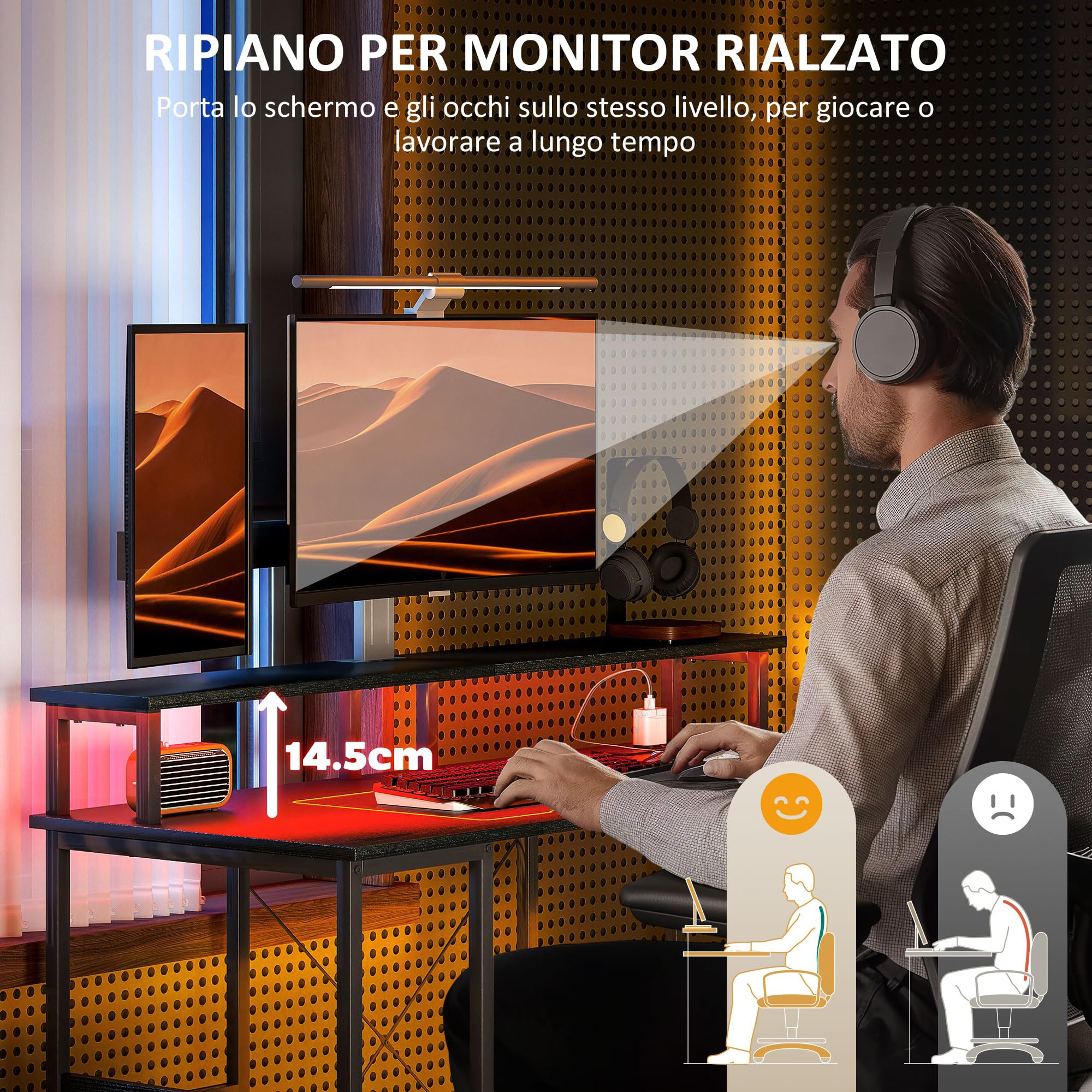 HOMCOM Scrivania per Computer Reversibile Ripiani, 120x50 cm Scrivania da Ufficio con Prese Elettriche e Luci LED, Tavolo Porta PC da Studio con Doppio Supporto per Monitor, Nero