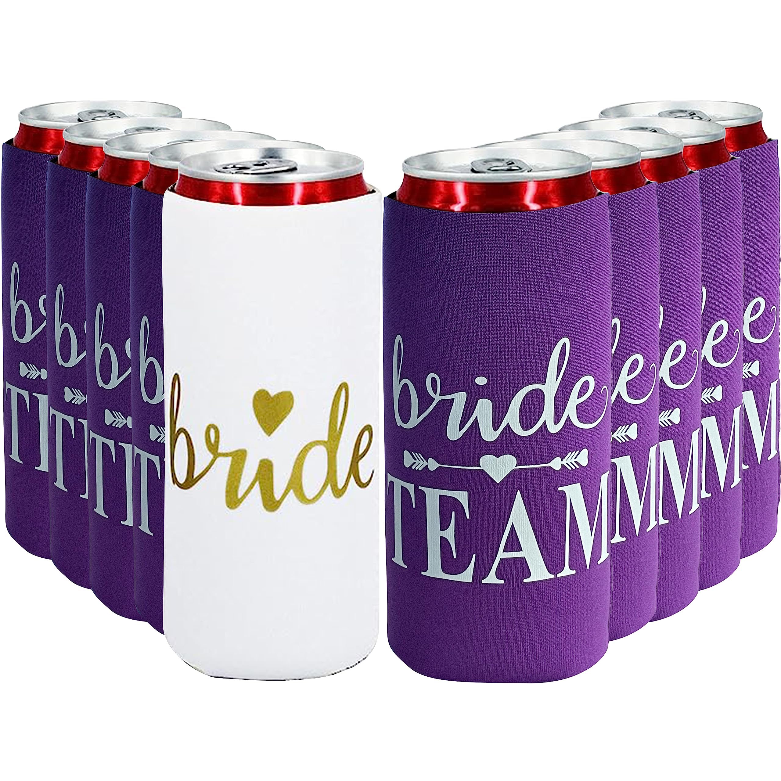 Bachelorette Slim Can Coolers for Bridesmaid, Set of 10 Bride and Team Bride Can Cooler for Bachelorette Party Favors and Decorations for Wedding (Purple Team,Slim)