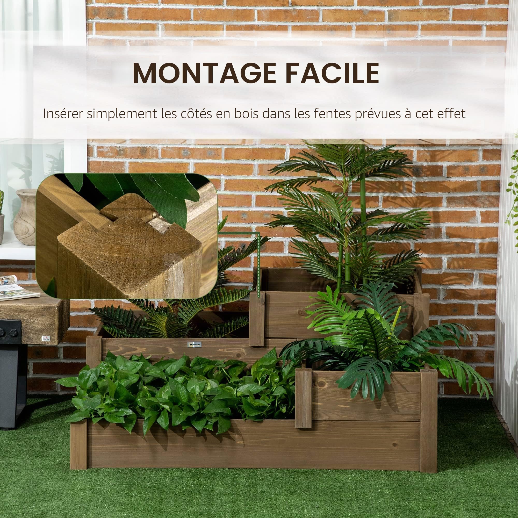 Outsunny Bac à légumes surélevé Bac à fleurs avec 3 niveaux, bac à plantes pour herbes aromatiques sur la terrasse et le balcon, bois de sapin, brun, 122 x 122 x 51 cm